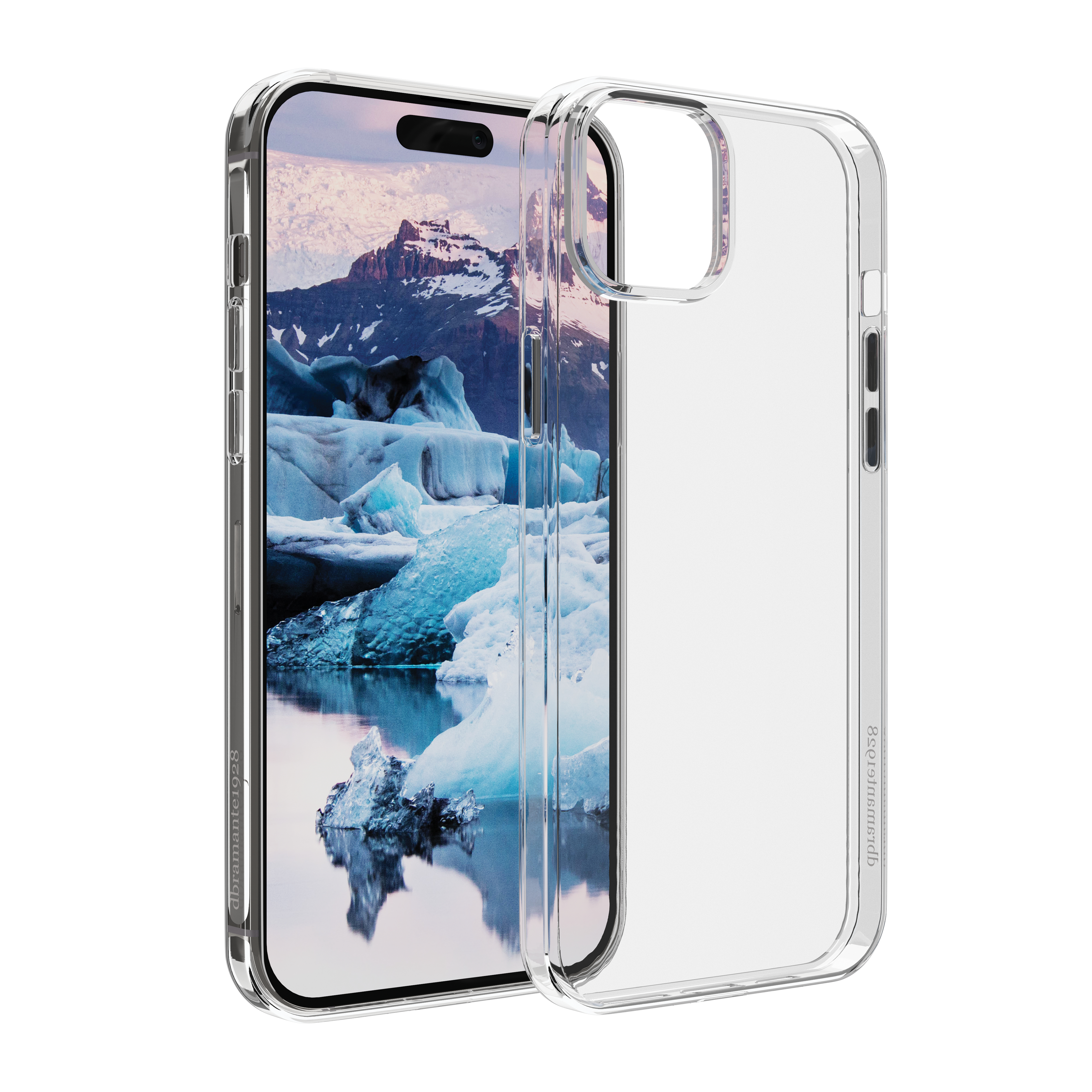 Transparente Handyhülle mit einem Handy darin. Das Handy zeigt ein Eisbergbild. Die Hülle ist transparent.