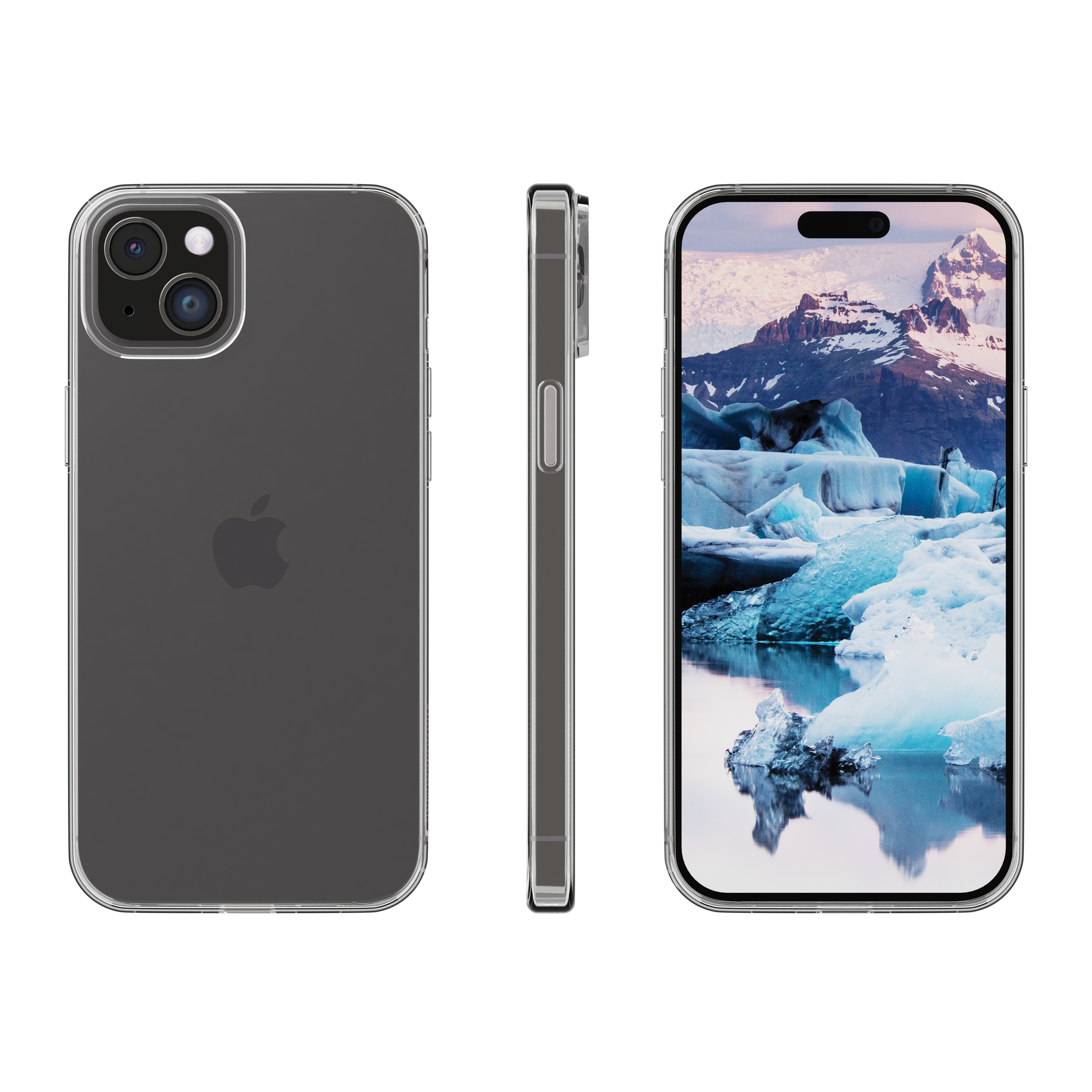 Drei Ansichten eines iPhones mit transparentem Gehäuse. Der Bildschirm zeigt eine Landschaft mit Eisbergen und Bergen.