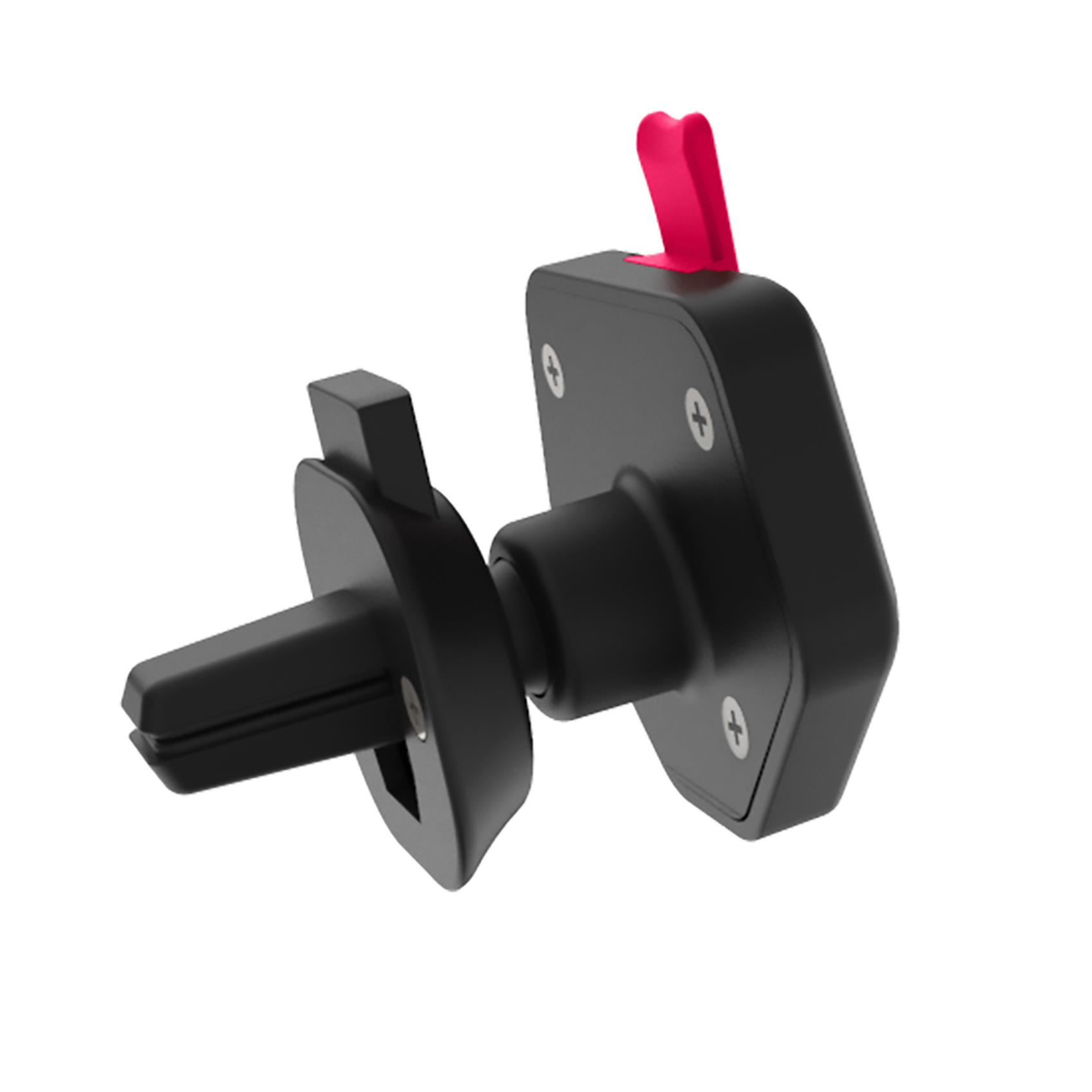 Schwarze Handyhalterung für die Lüftung im Auto mit pinkfarbener Lasche, vor weißem Hintergrund. Bestandteile sind Klammer und Halter.