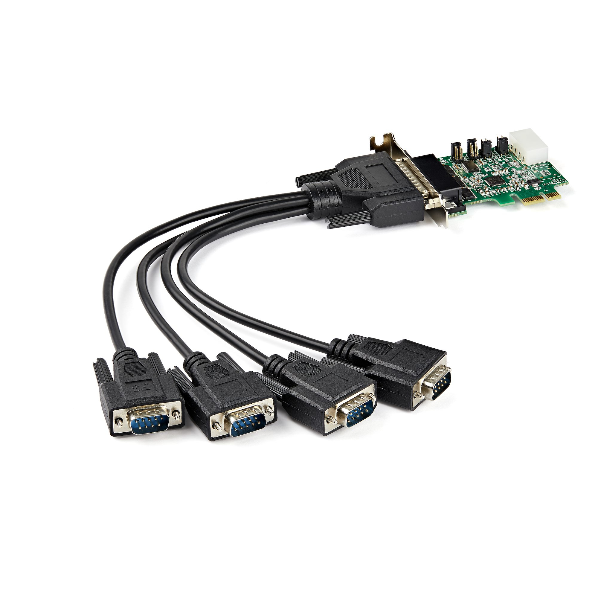 Eine Computerkomponente mit mehreren schwarzen Kabeln und Anschlüssen vor weißem Hintergrund.