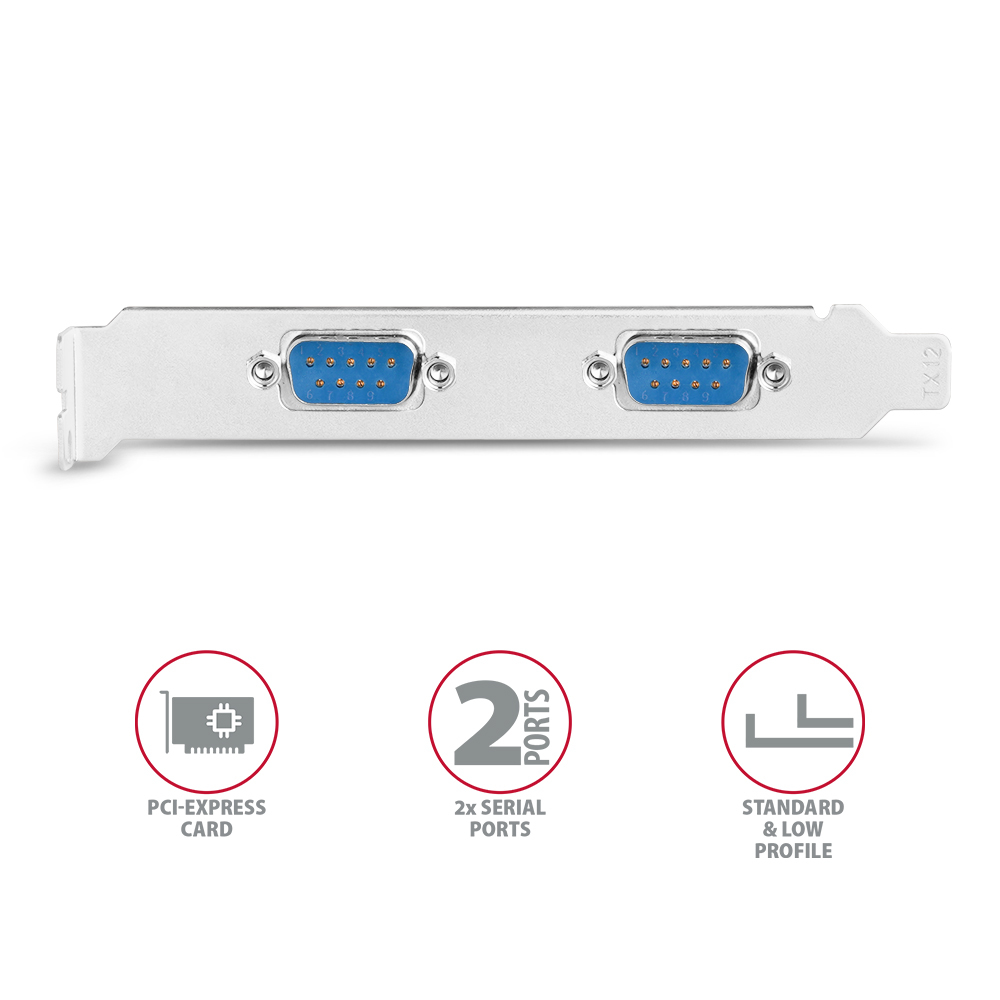 Silberne PCI-Express-Karte mit zwei blauen seriellen Anschlüssen. Symbole zeigen PCI-Express-Karte, 2 Anschlüsse und Standard/Low Profile.