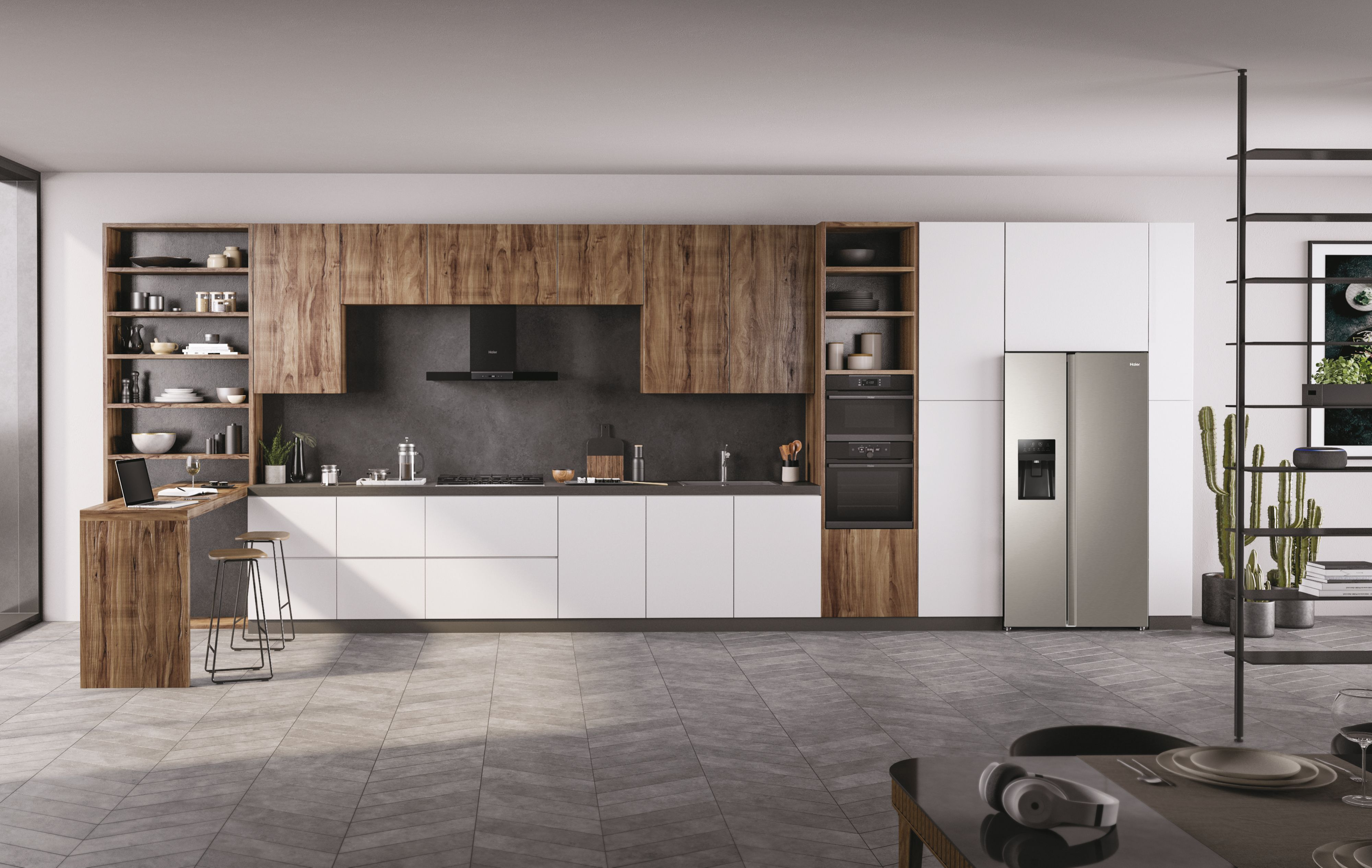 Moderne keuken met houten kasten, witte aanrechtbladen, roestvrijstalen apparaten en grijze vloer. Inclusief krukken en tafel.