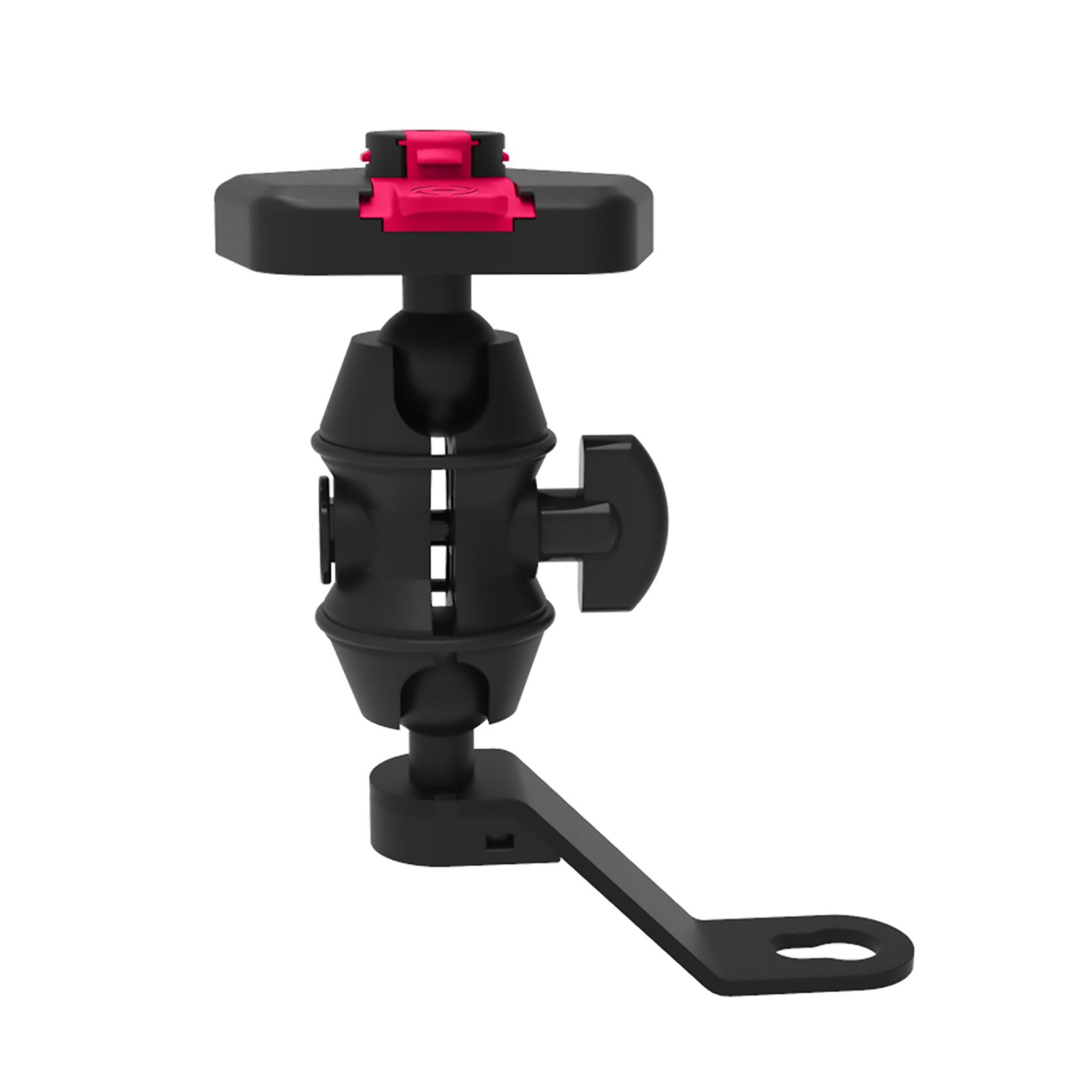 Eine schwarz-rosa Kamerahalterung vor weißem Hintergrund. Es hat eine Halterung, Kugelgelenke und einen rosa Verriegelungsmechanismus.
