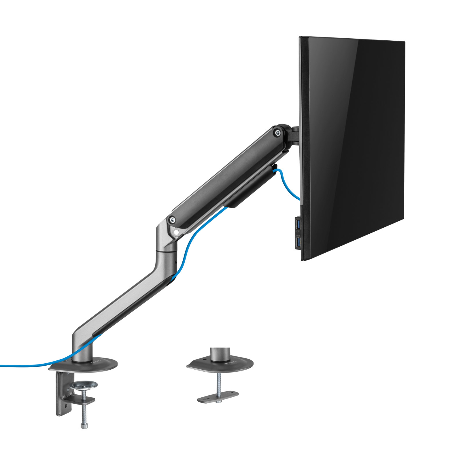 Un brazo de monitor con una pantalla negra adjunta. Es plateado y tiene un cable azul.