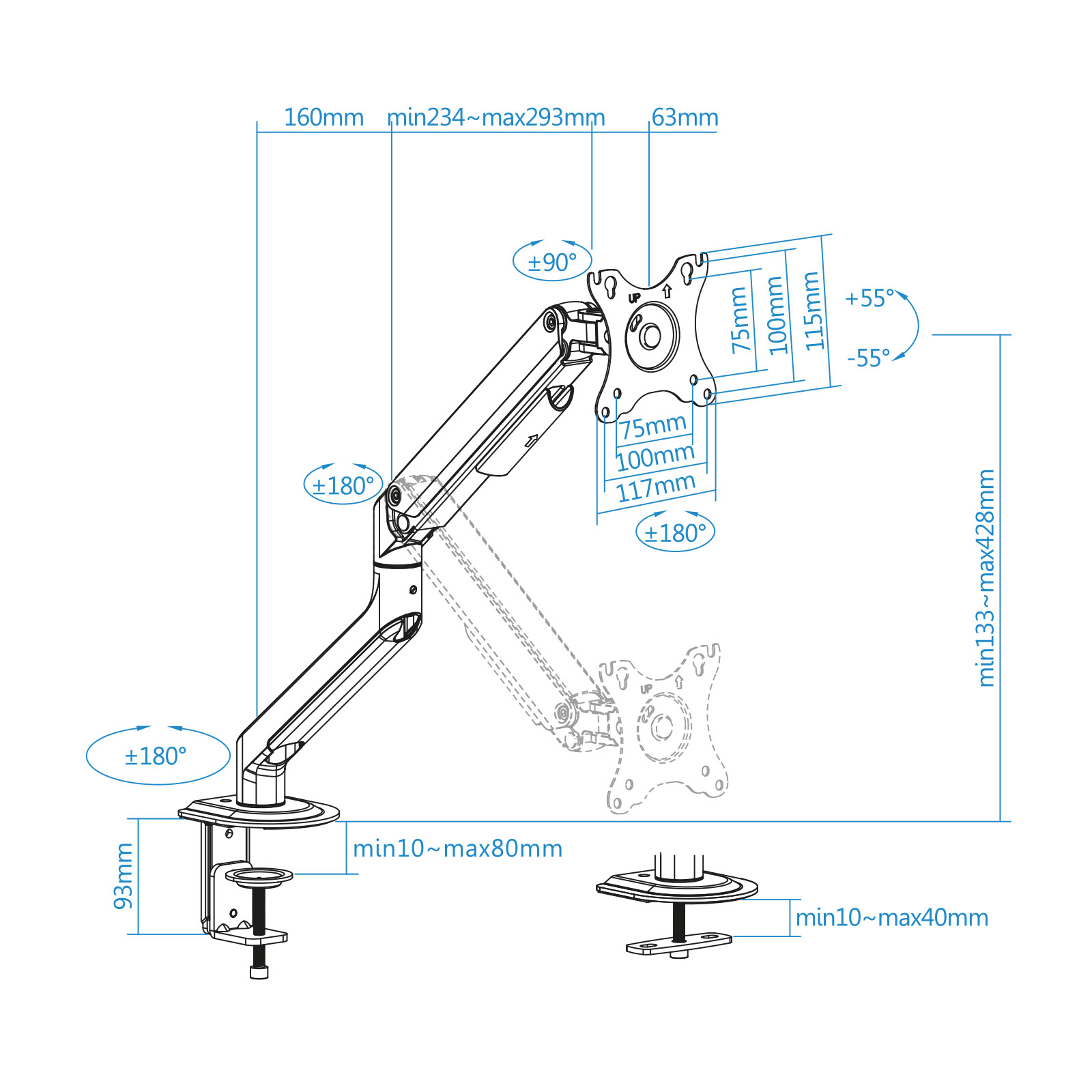 Diagrama de un brazo de monitor con medidas y ángulos. Muestra el rango de movimiento del brazo.