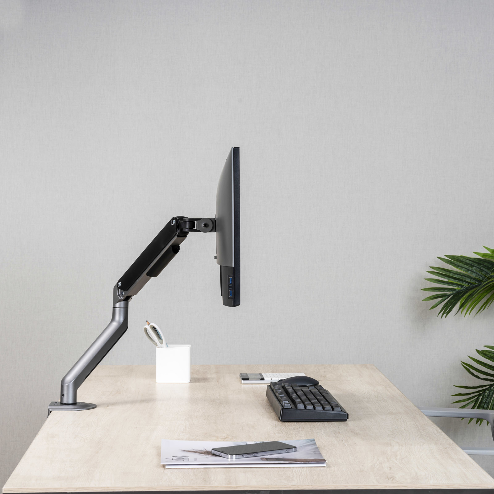 Un monitor de computadora está montado en un escritorio. Teclado, teléfono y portalápices están en el escritorio. Planta verde en la esquina.