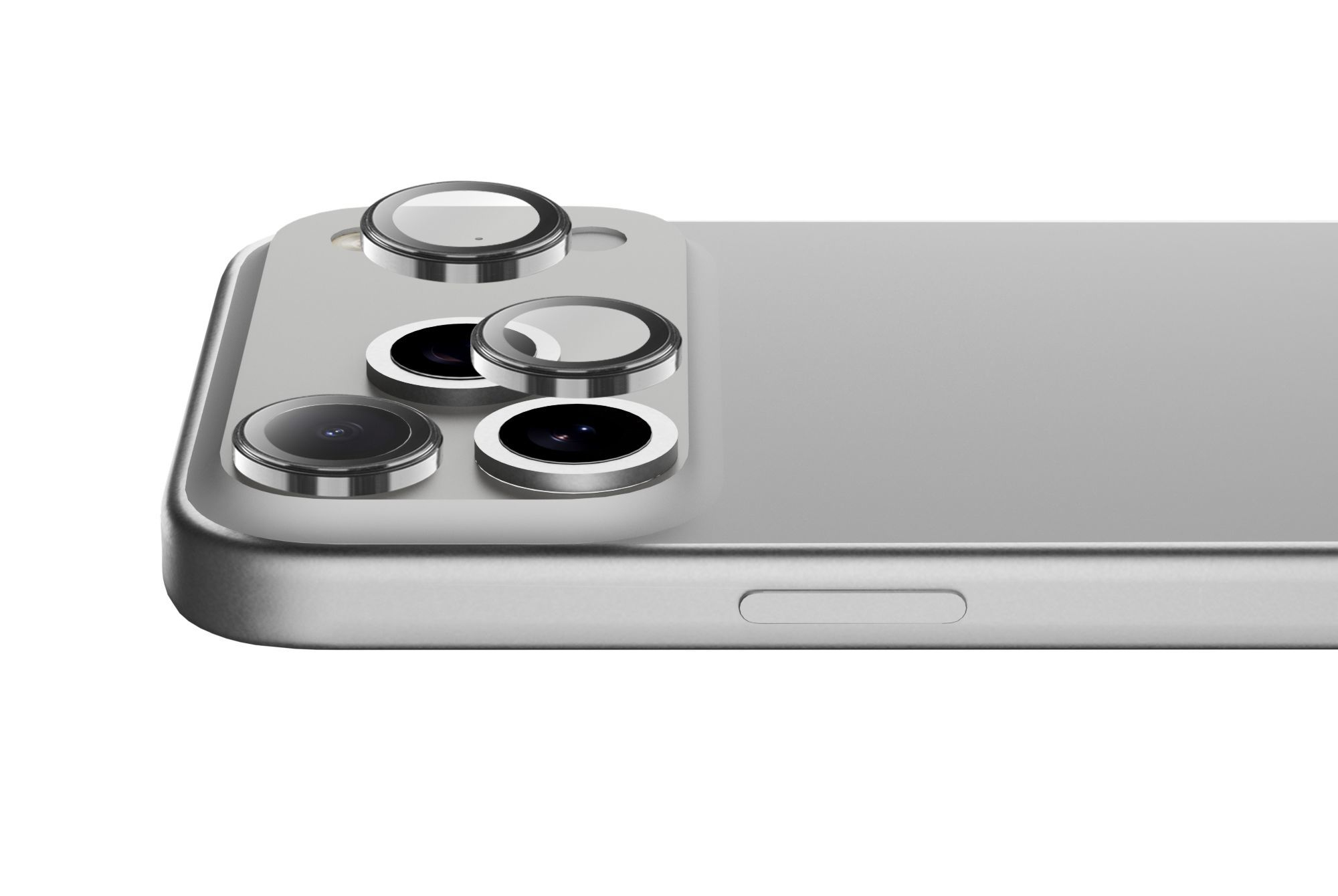 Primo piano di uno smartphone argentato con più obiettivi. Gli obiettivi sono rotondi e hanno una superficie riflettente.