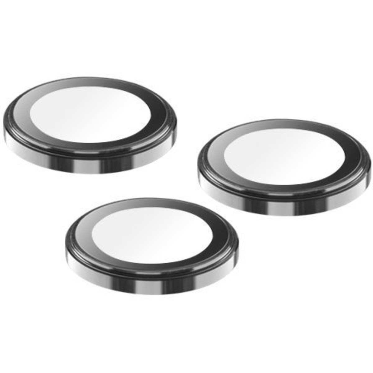 Tre oggetti circolari con centro bianco e bordo argentato metallico, disposti su sfondo bianco.