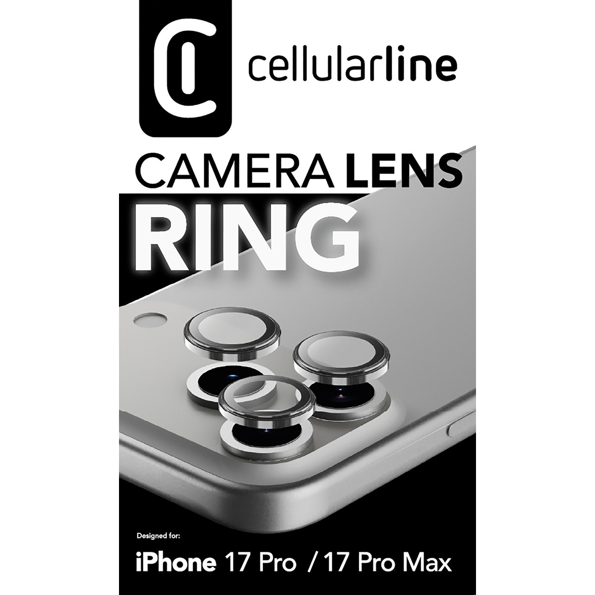 L'immagine presenta un telefono con anelli per lenti della fotocamera. Il logo Cellularline è in alto a sinistra. Testo: 'CAMERA LENS RING' e 'iPhone 17 Pro'.