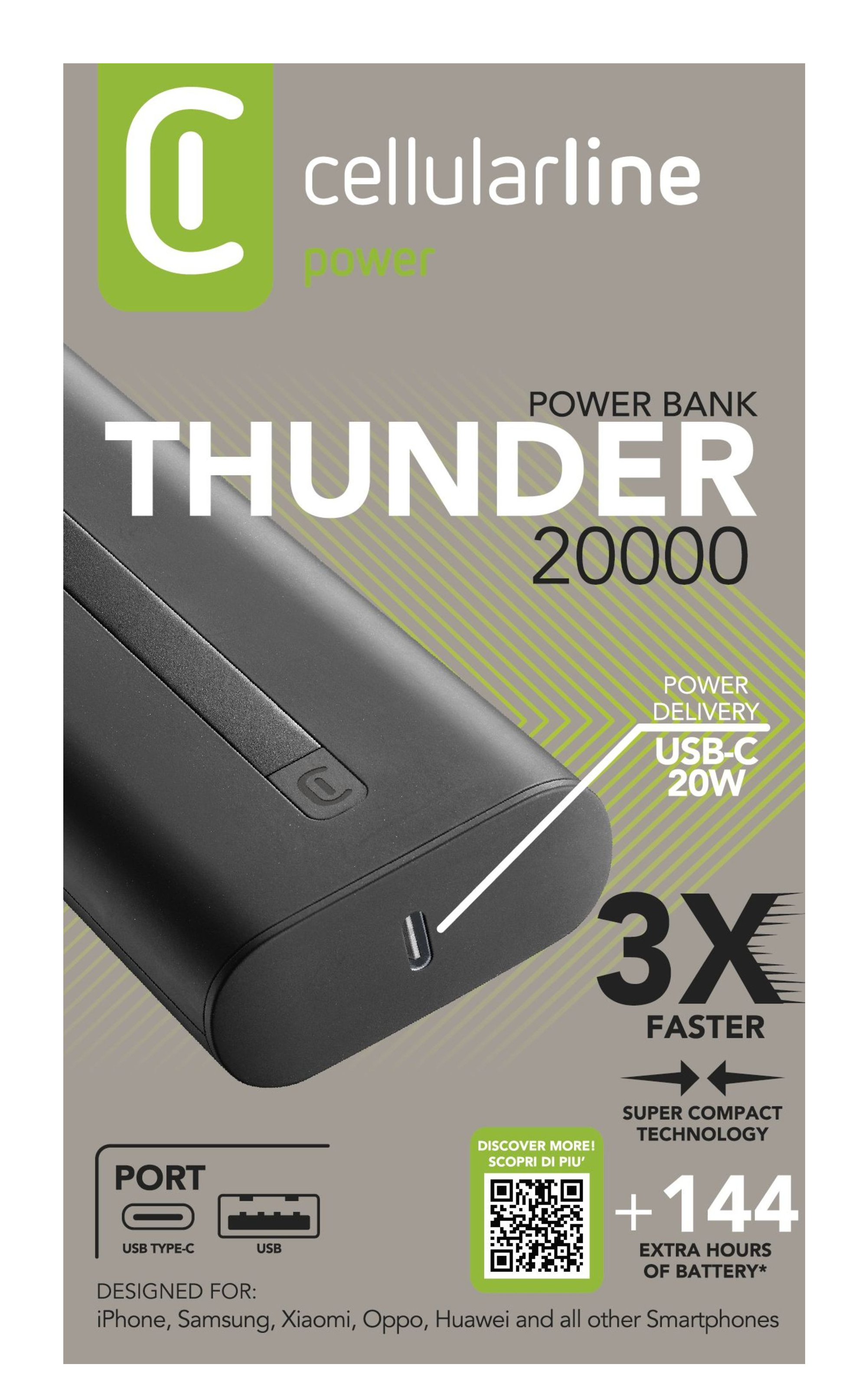 Schwarze Powerbank mit weißem Text: "THUNDER 20000". Enthält USB-C- und USB-Anschlüsse. Für Smartphones konzipiert.