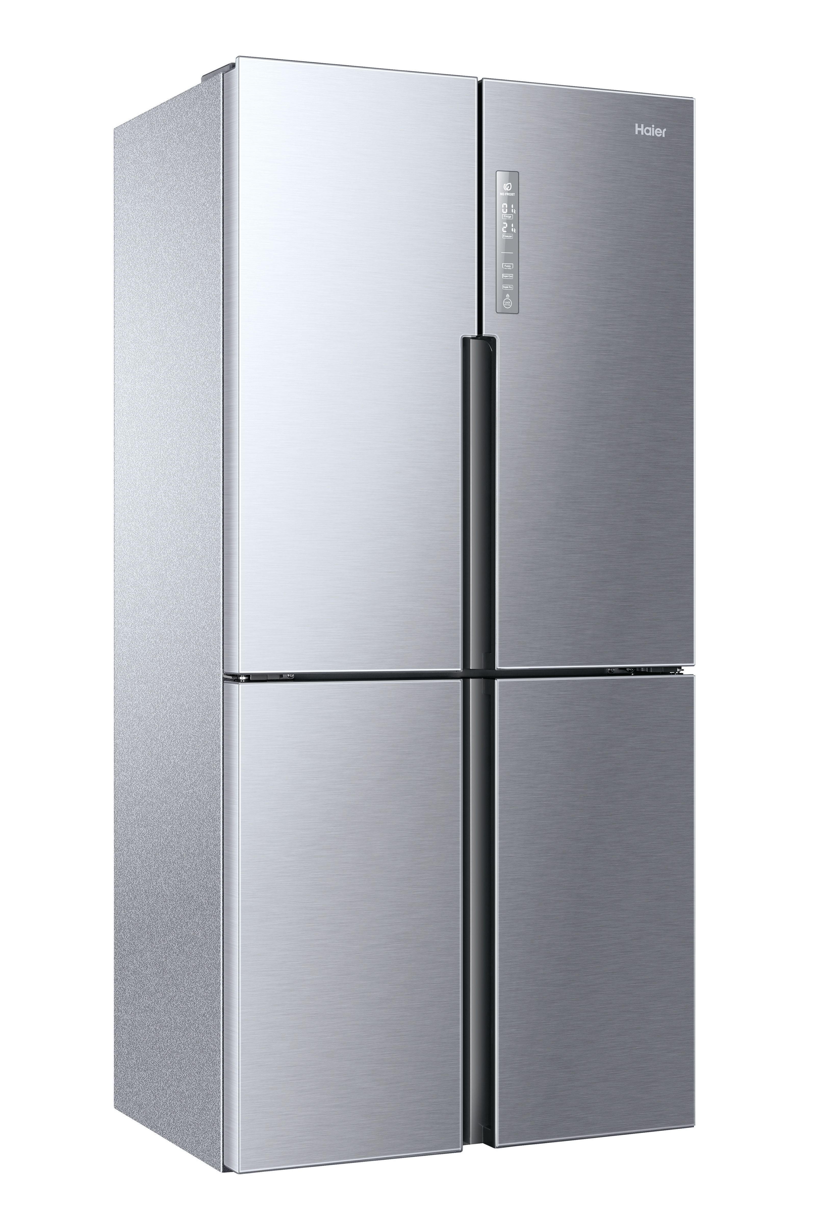 Un frigorífico Haier plateado y moderno. Tiene cuatro puertas y una pantalla digital. El fondo es blanco.