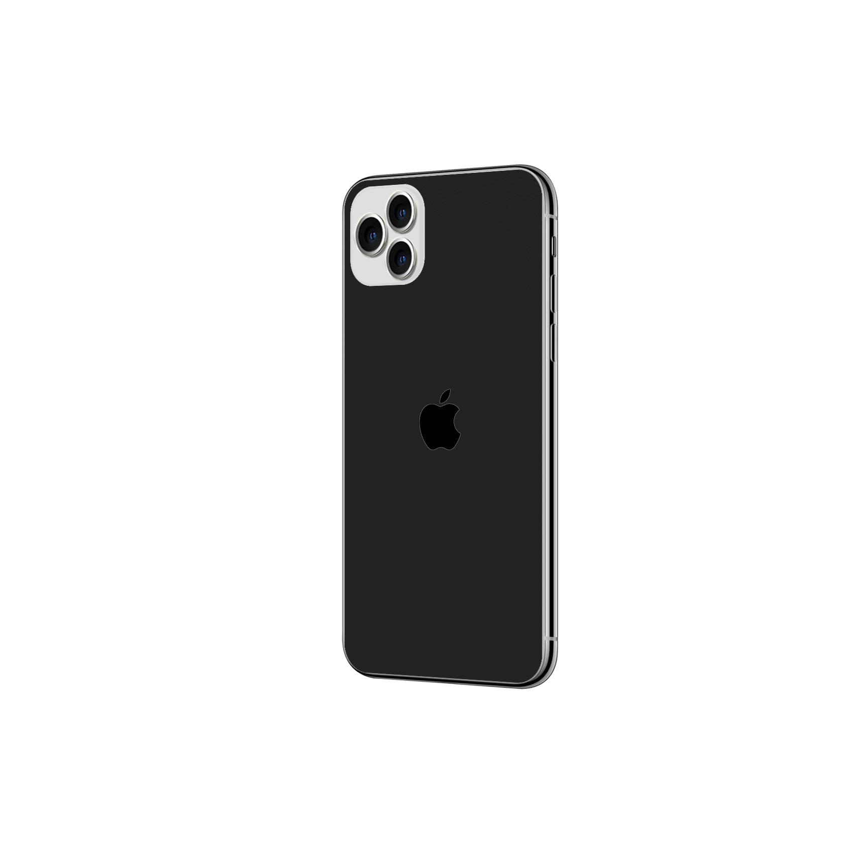 Un iPhone nero con tre fotocamere e logo Apple su sfondo bianco.