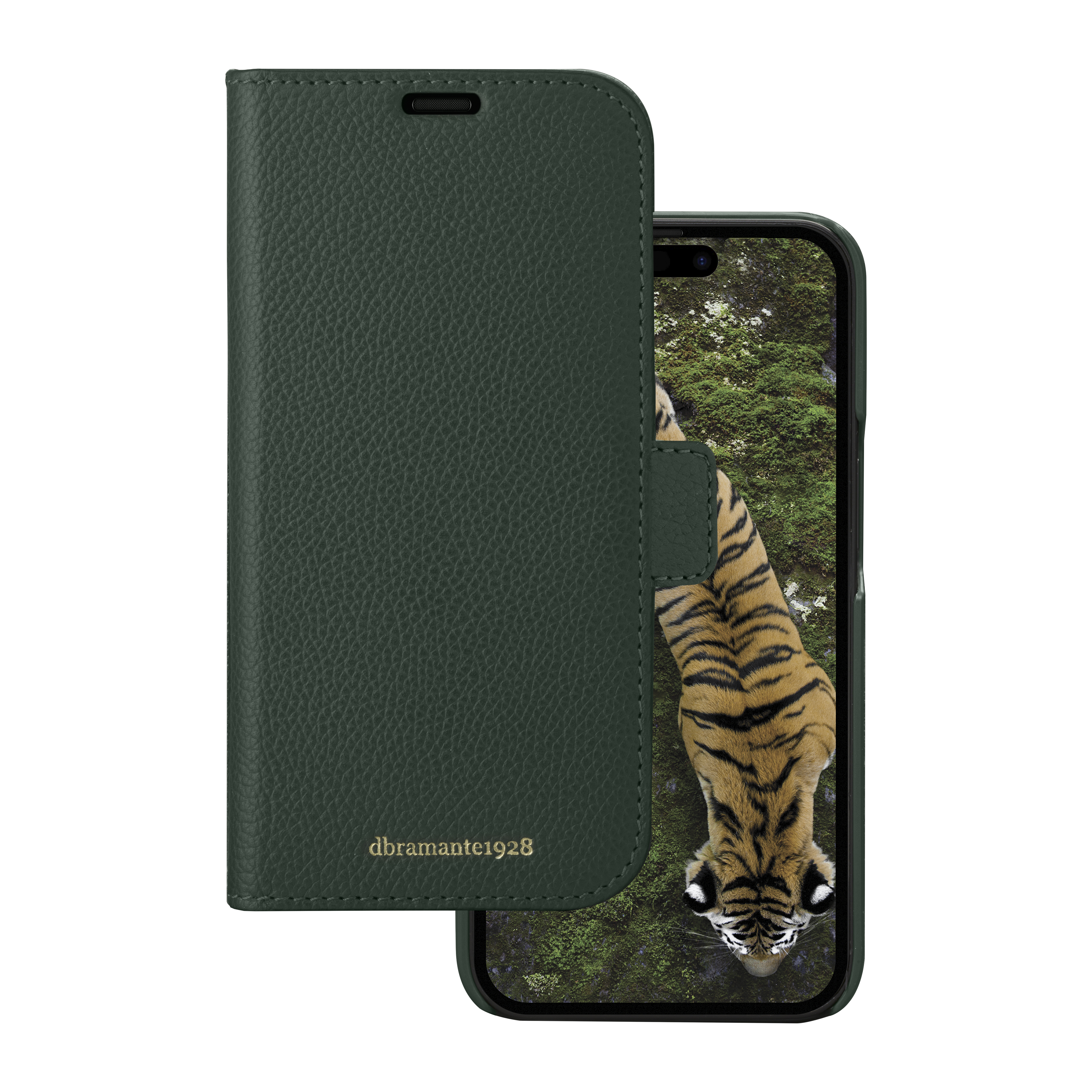 Eine grüne Leder-Handyhülle mit einem Telefon, das ein Tigerbild anzeigt. Die Hülle ist offen und hat Branding.