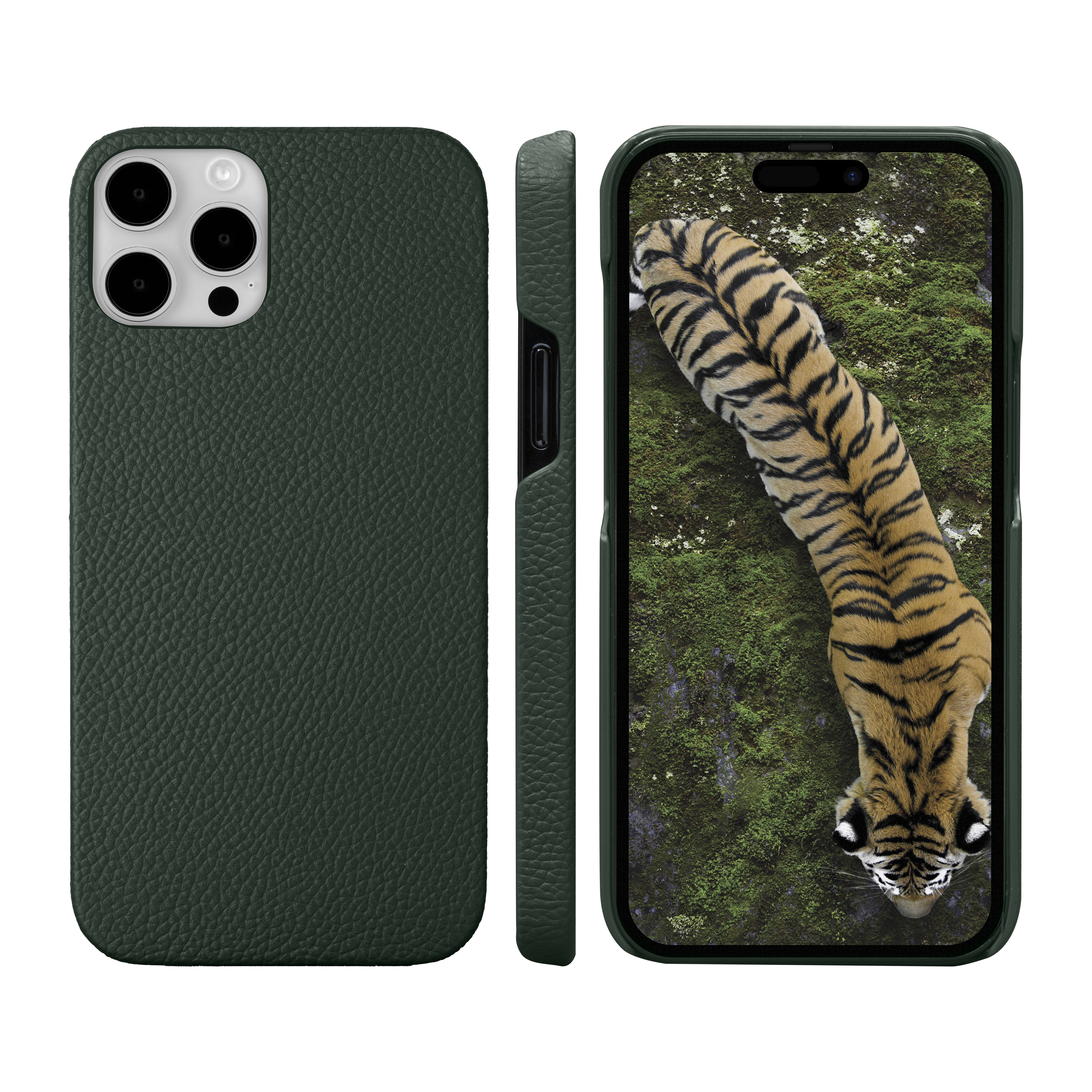 Eine Handyhülle mit Tigerbild auf dem Bildschirm. Die Hülle ist dunkelgrün und zeigt Seite und Vorderseite.