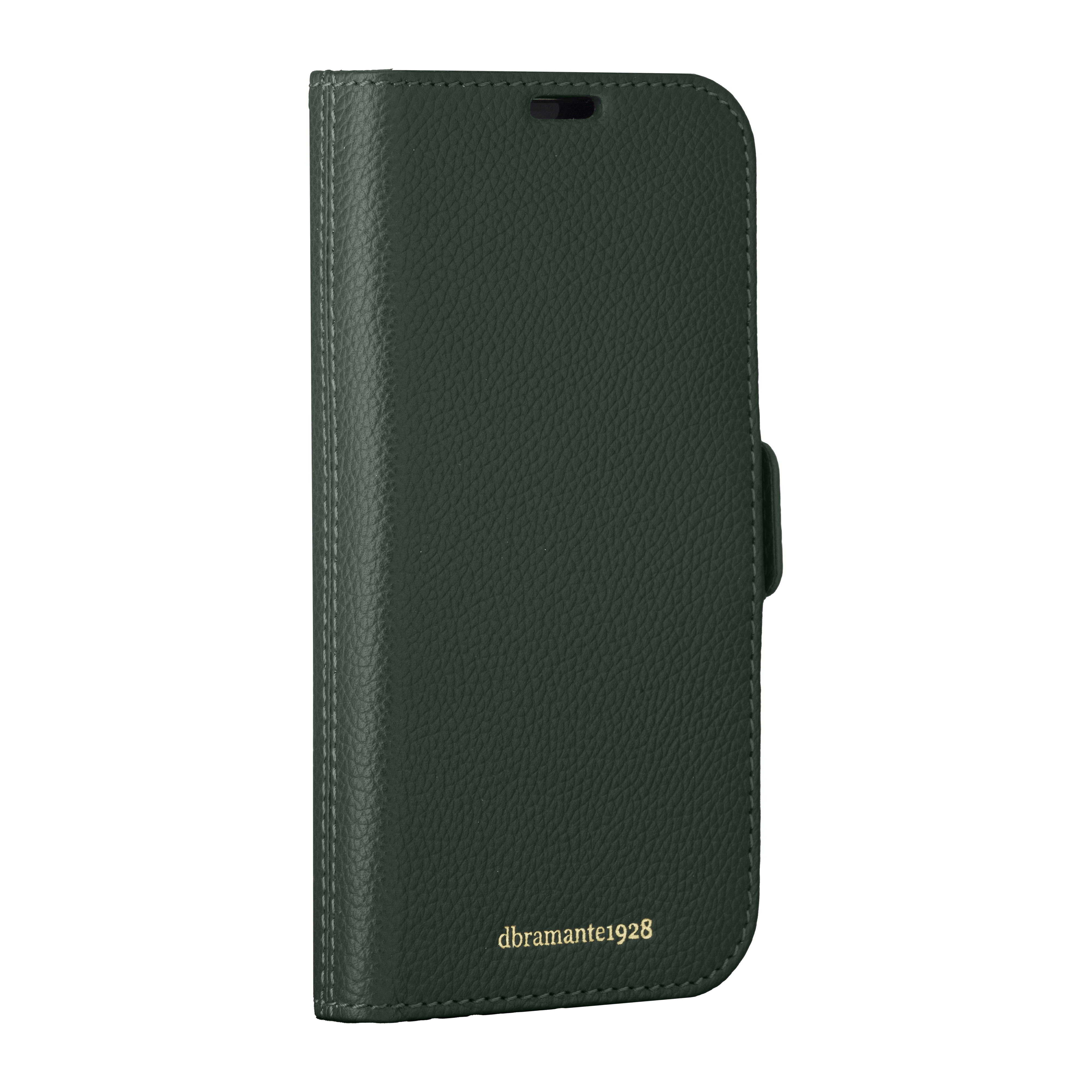 Dunkelgrüne Leder-Handyhülle. Mit Magnetverschluss, Nahtdetails und Markenlogo.
