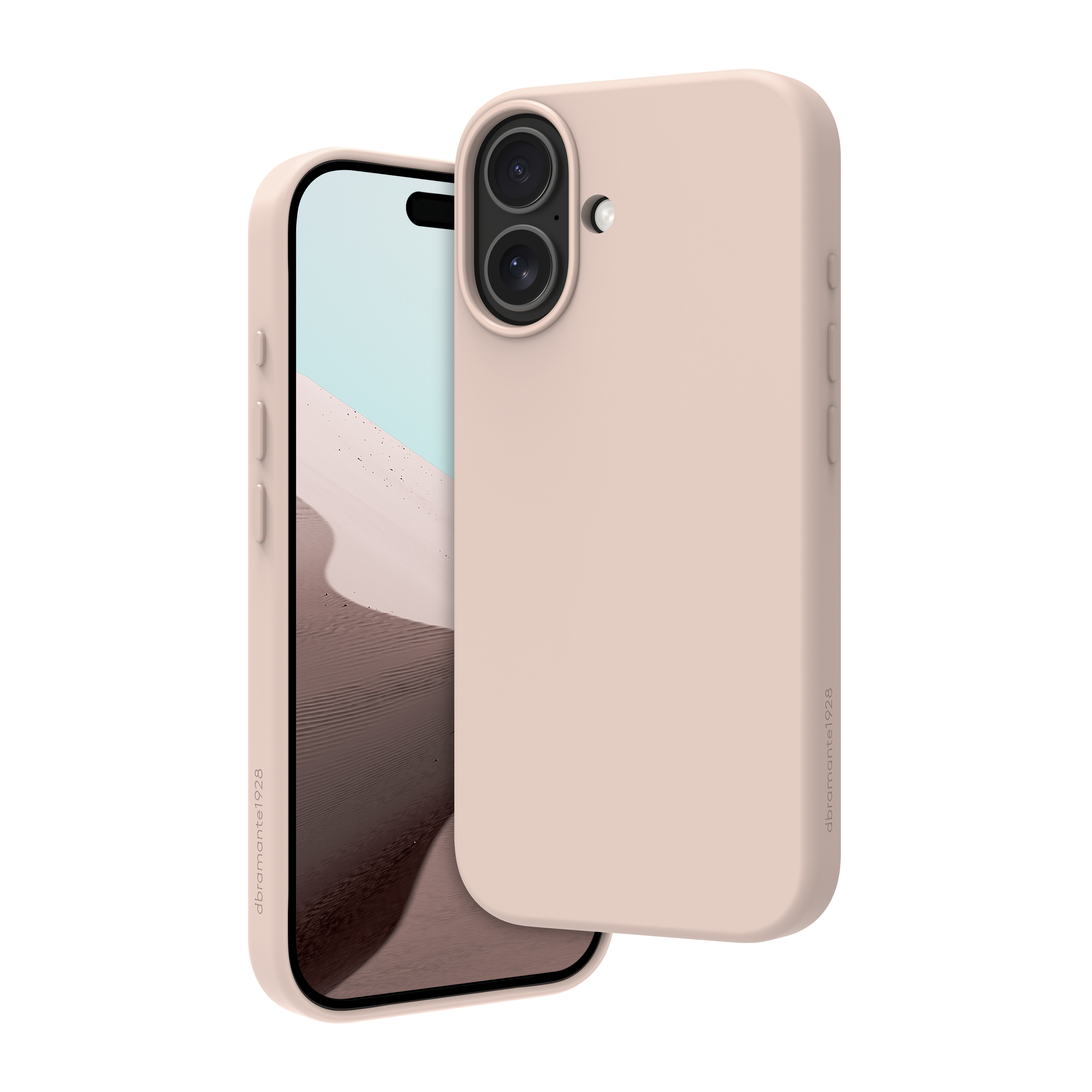 Viene mostrato un telefono in una custodia rosa. Il telefono ha uno schermo che mostra una scena desertica. La custodia è in piedi.