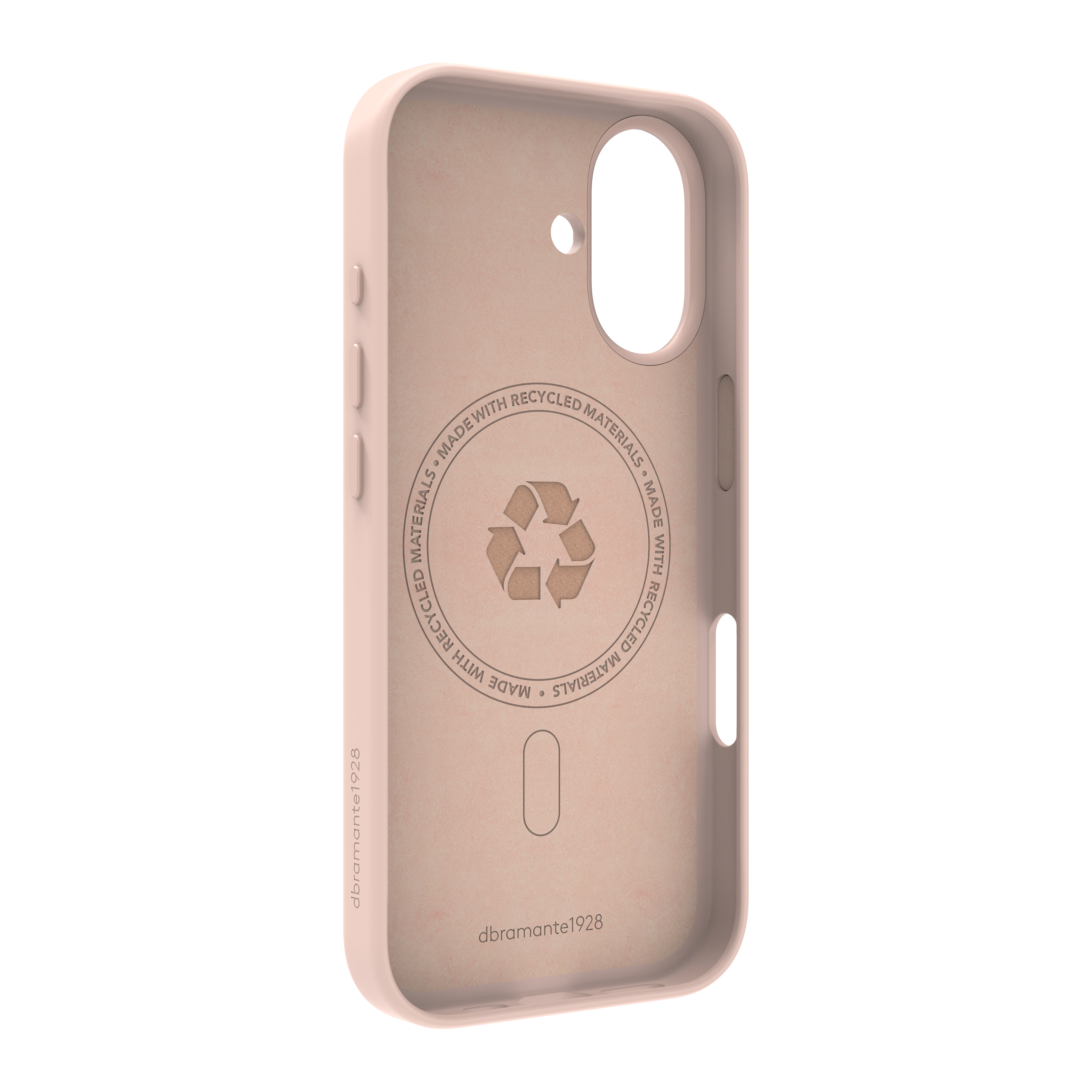 Custodia rosa per telefono con simbolo di riciclo e scritta 'Realizzato con materiali riciclati'. Il marchio è visibile.
