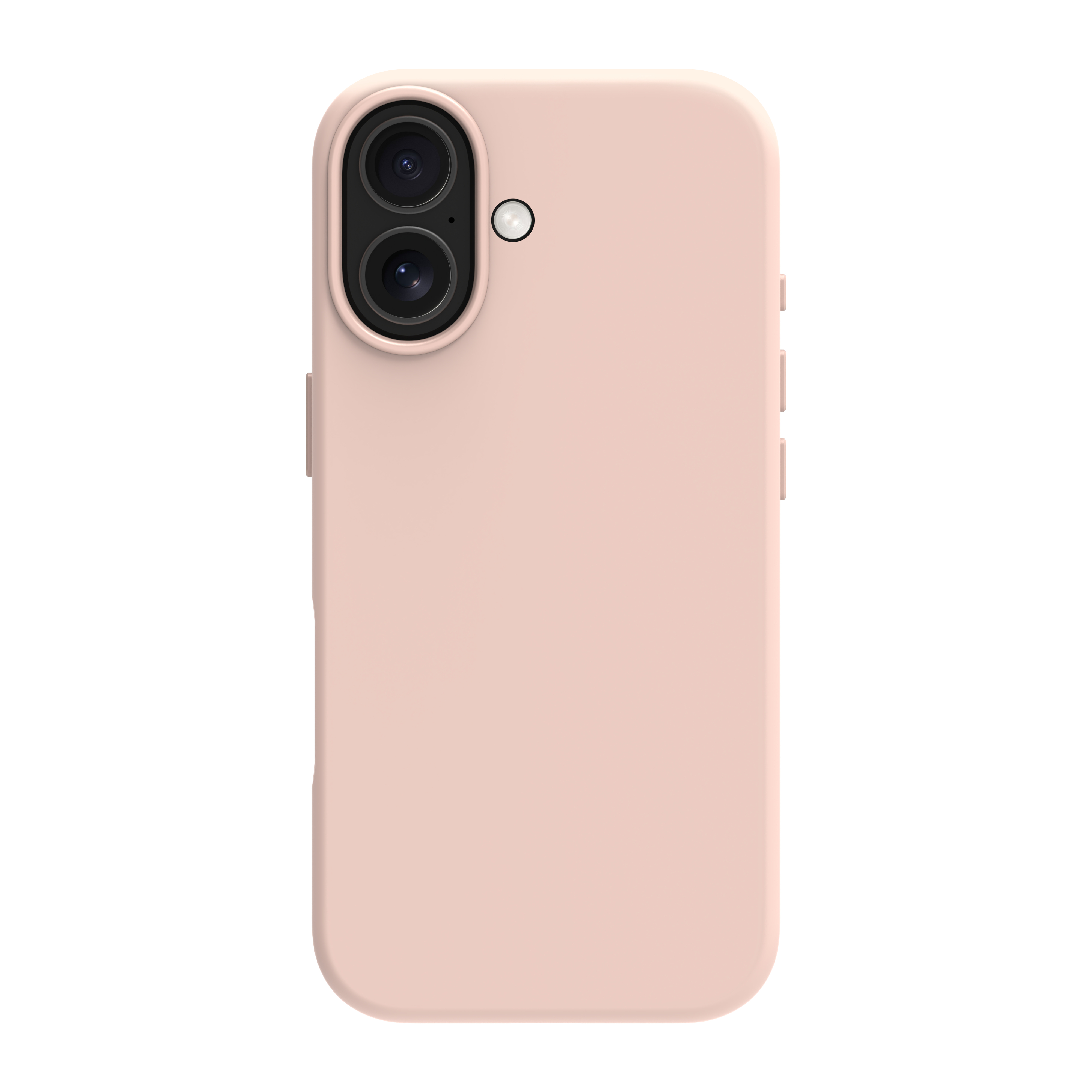 Una custodia per telefono rosa chiaro con due lenti della fotocamera e un flash in alto, pulsanti laterali.