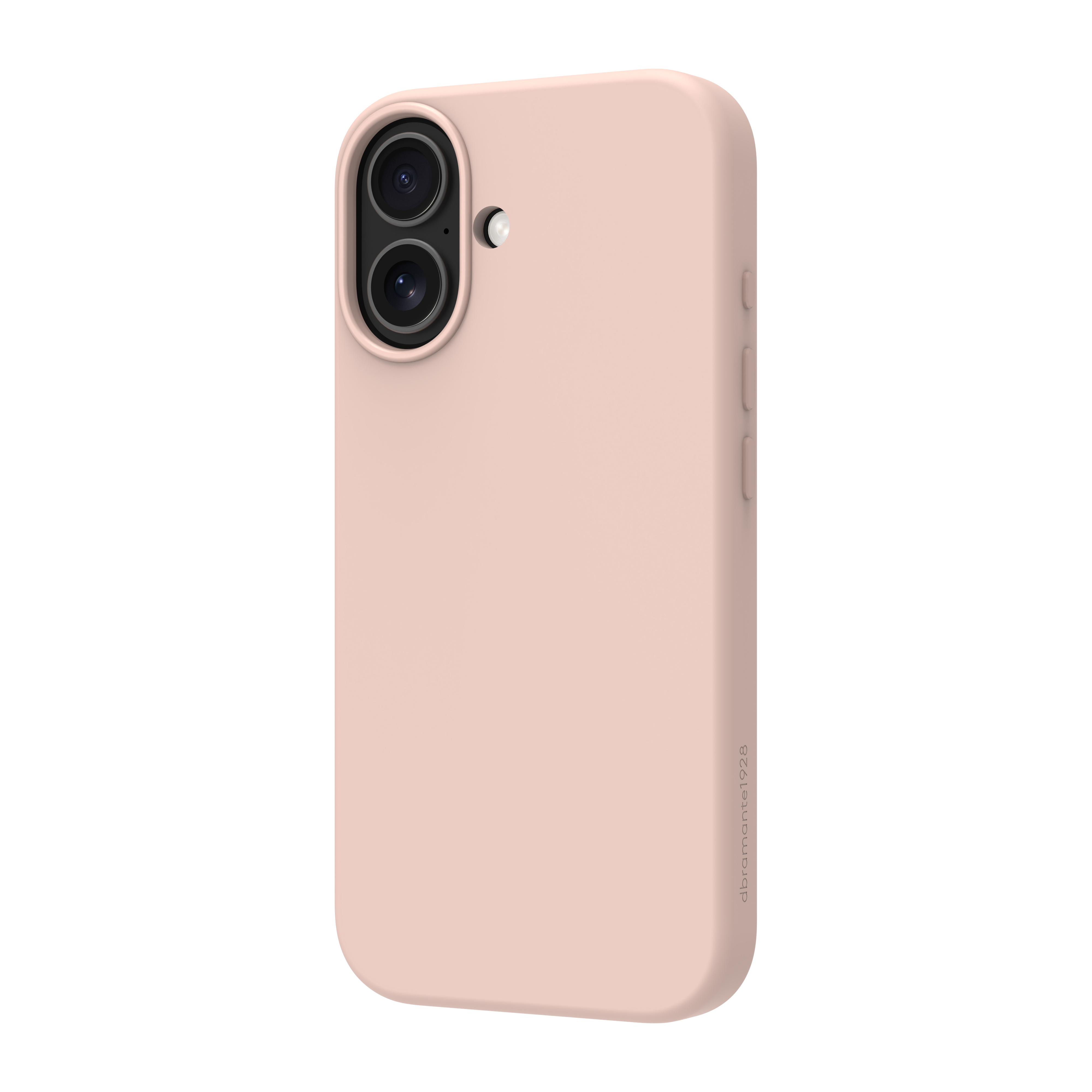 Una custodia per telefono rosa chiaro con lenti della fotocamera, pulsanti e marchio su sfondo bianco.