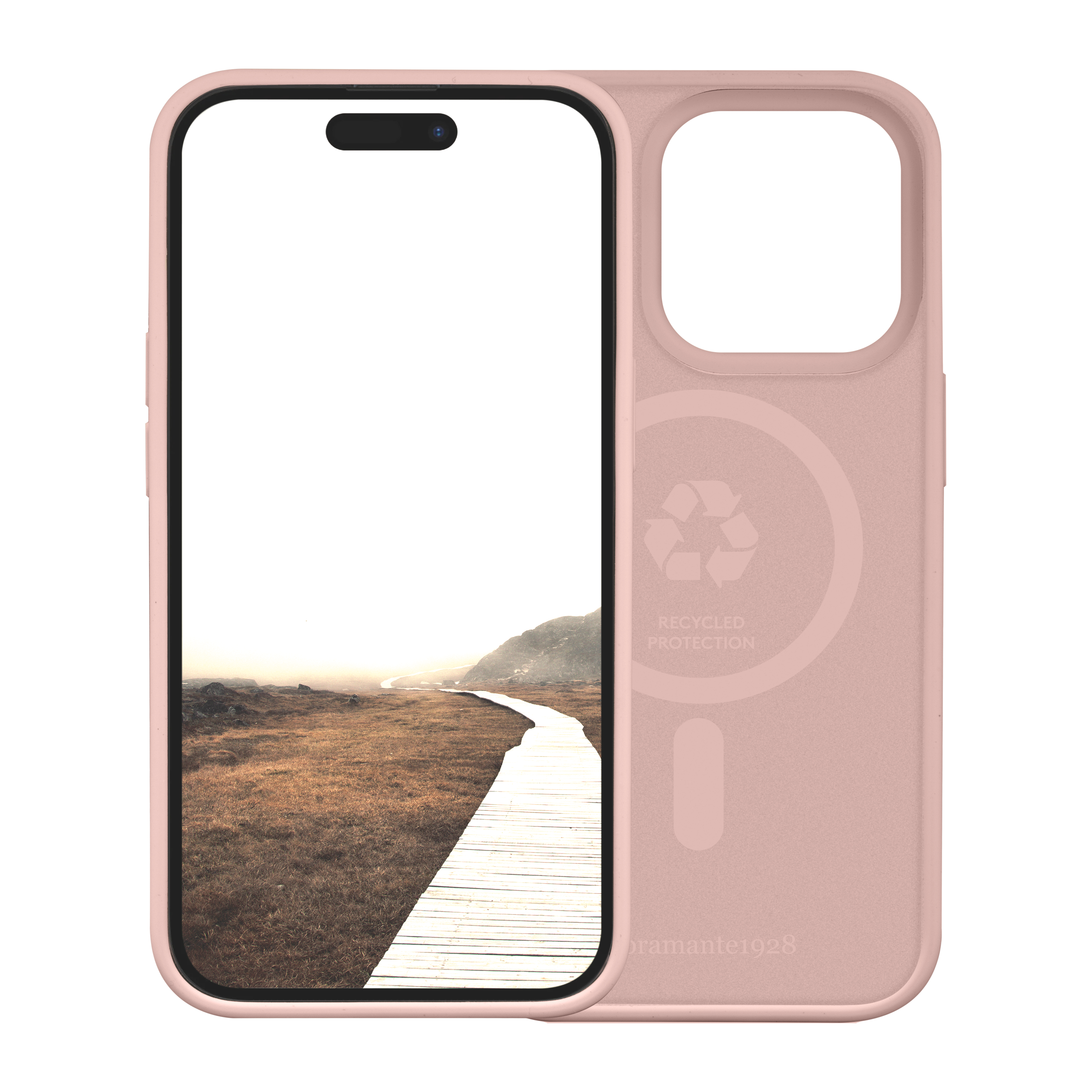 Rosa Handyhülle mit einem Telefon, das einen Holzsteg durch ein Feld zeigt. Die Hülle hat ein Recycling-Logo.