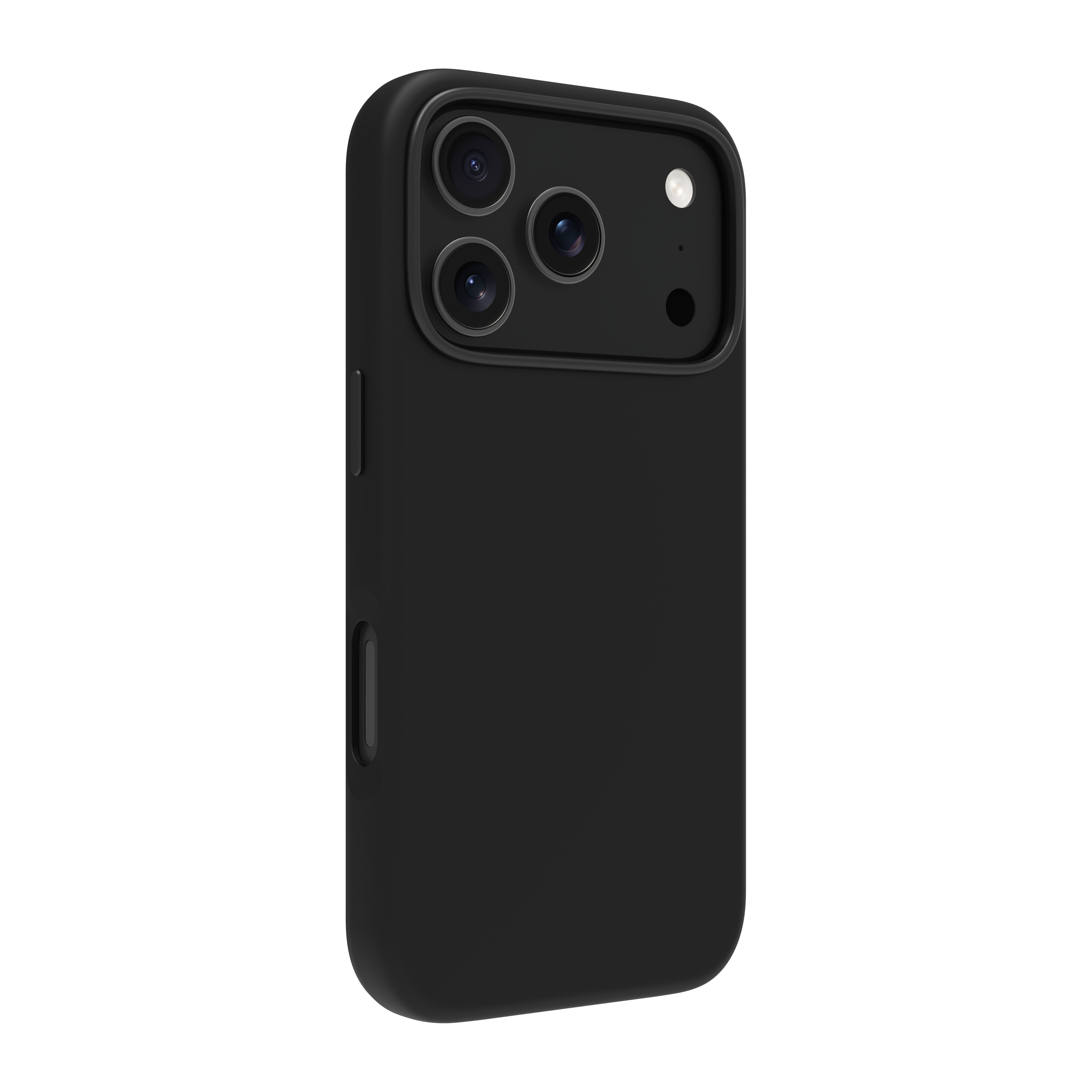 Eine schwarze Handyhülle mit Dreifach-Kamera auf weißem Hintergrund.