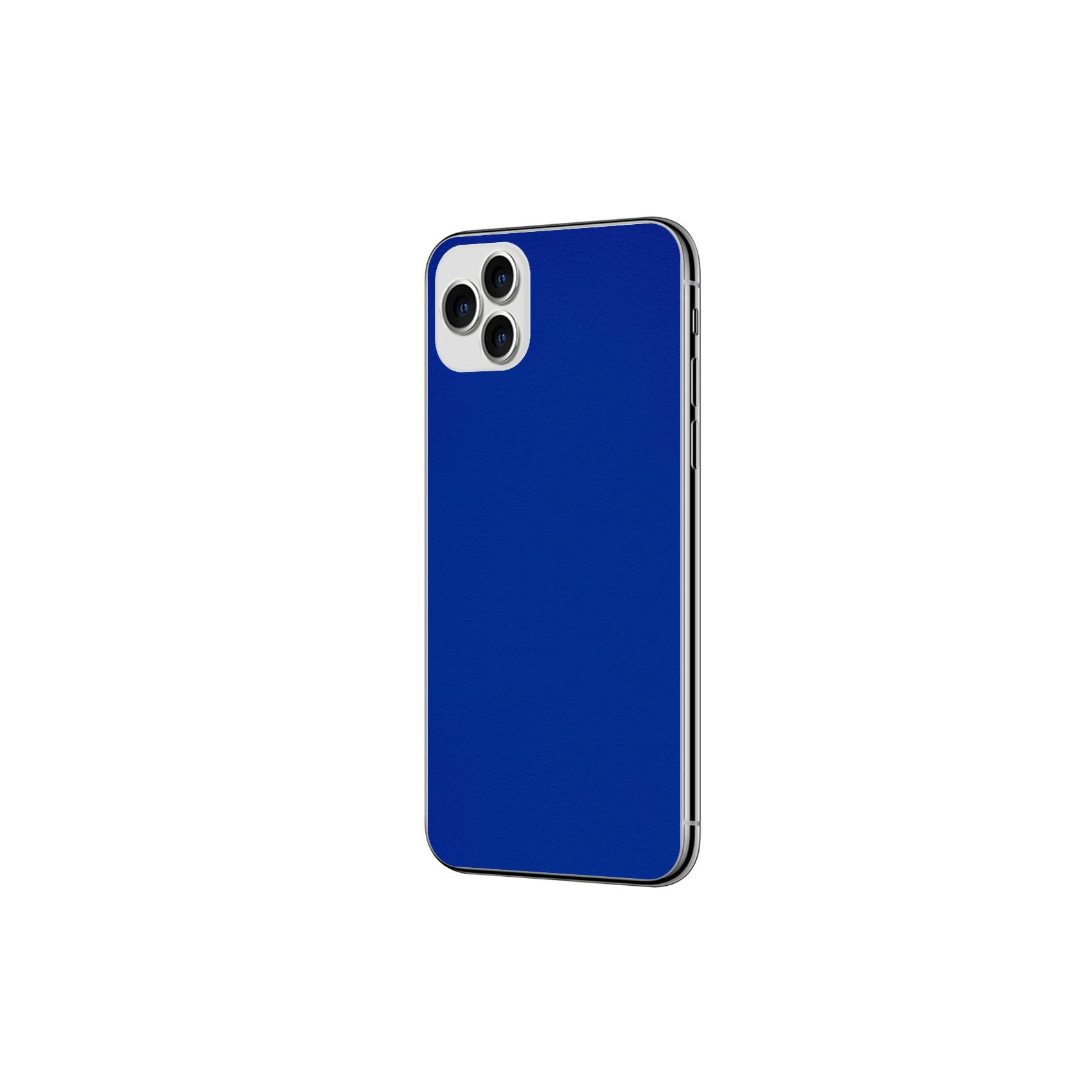 Una custodia blu per telefono è visualizzata, leggermente angolata. Lo sfondo è bianco. La custodia ha più lenti.