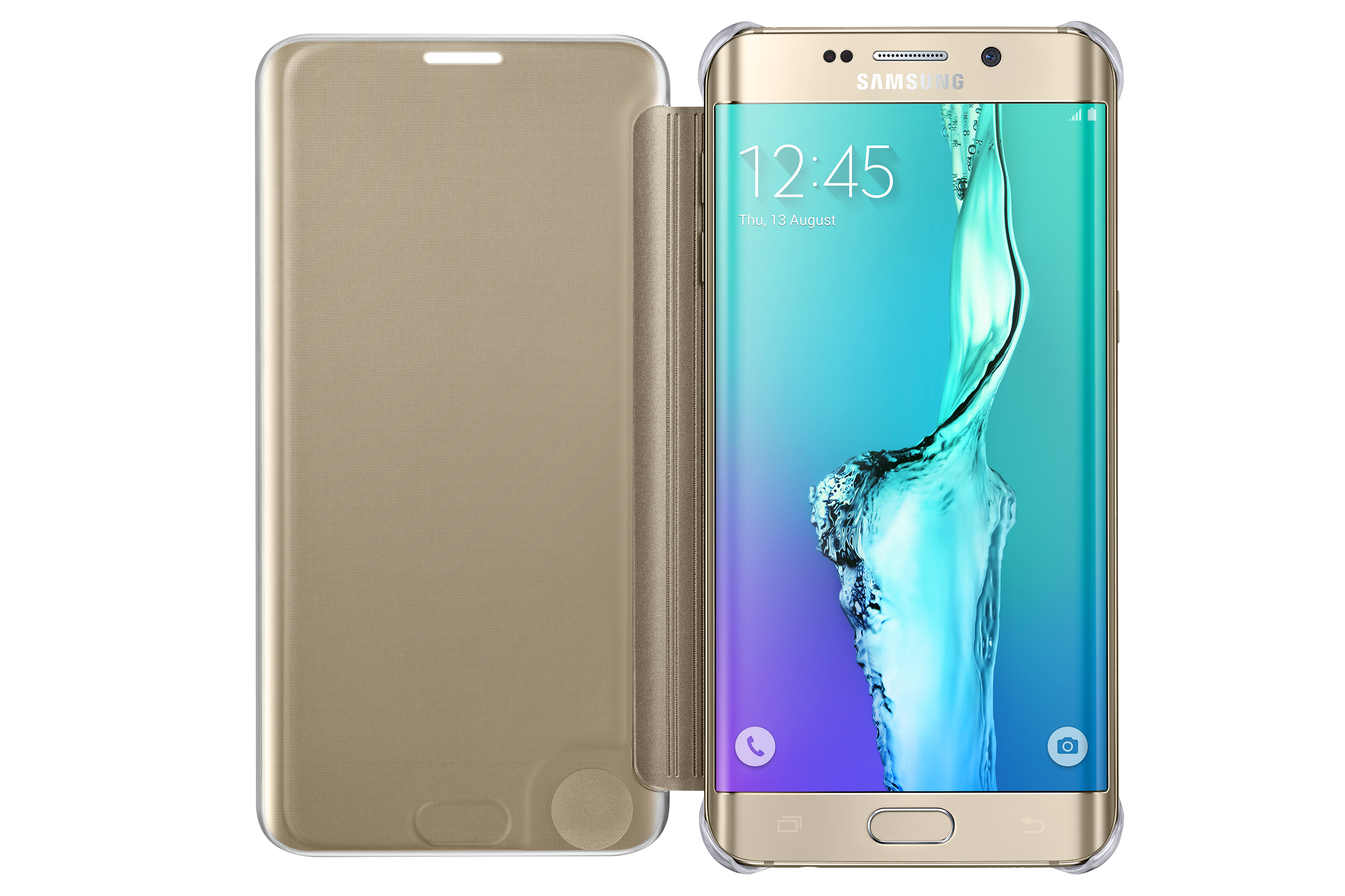 Ein goldenes Samsung-Telefon mit goldener Hülle ist geöffnet und zeigt den Bildschirm. Die Zeit ist 12:45, 13. August.