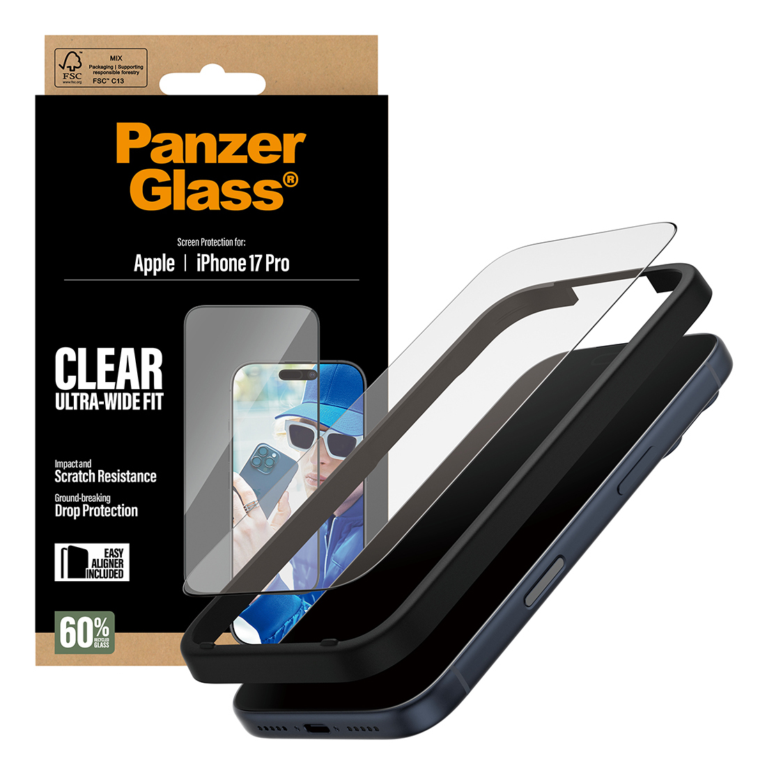 Bir Panzer Glass ekran koruyucu kutusu, bir iPhone kılıfı ve ekran koruyucusu ile. Özellikler arasında darbe ve çizilme direnci bulunur.