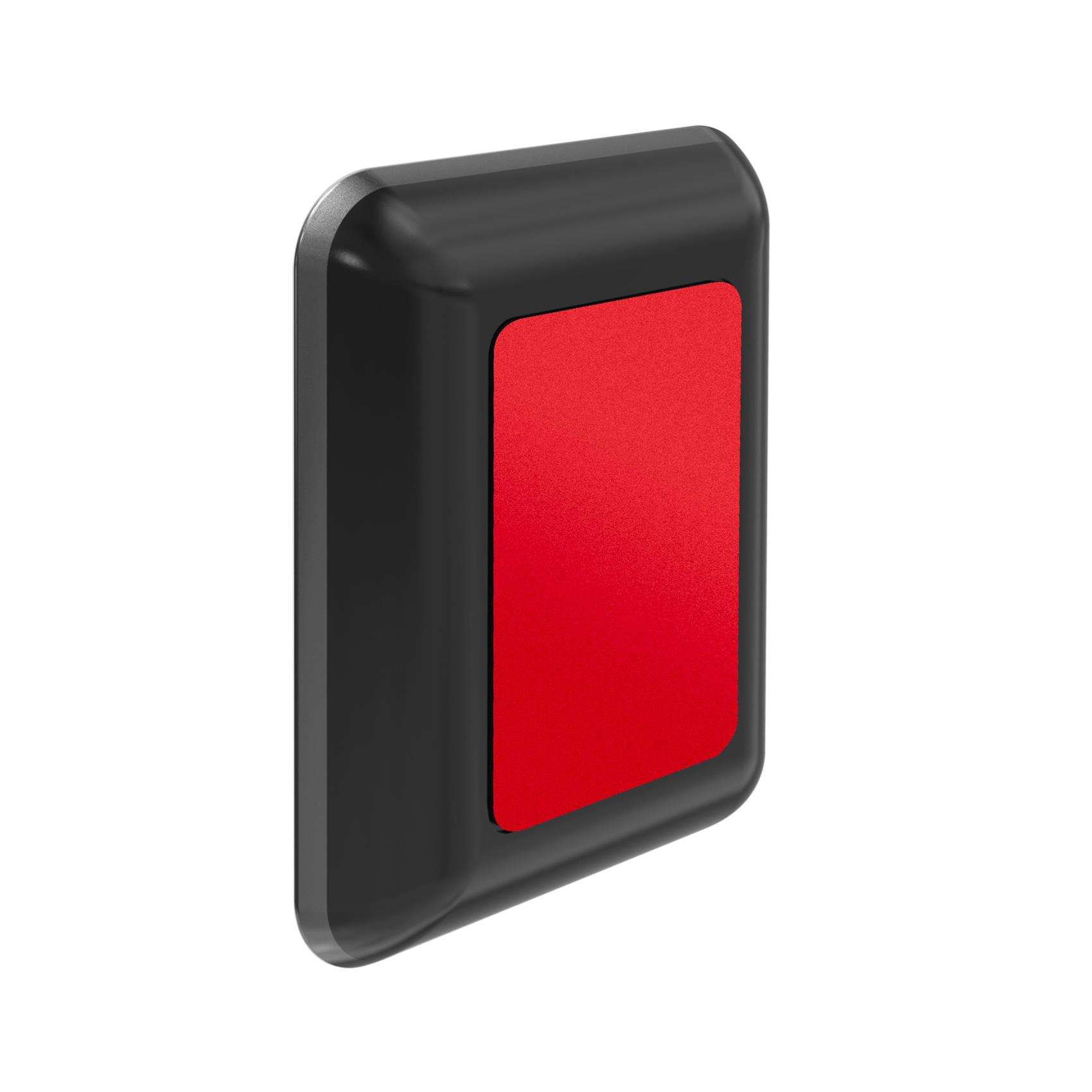 Ein rechteckiges schwarzes Gerät mit roter Mitte ist auf weißem Hintergrund isoliert.