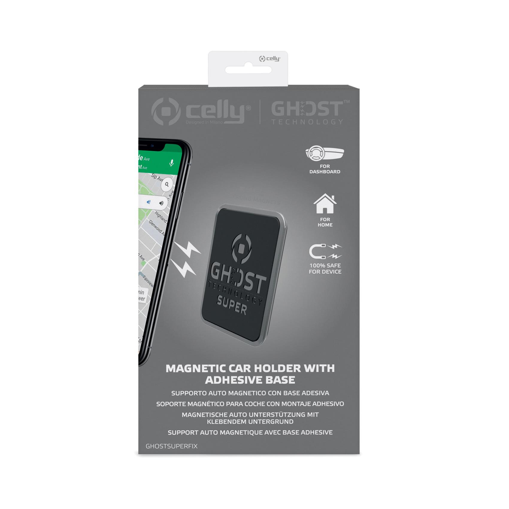 Auf einer Produktbox sind ein Telefon und eine Kfz-Telefonhalterung abgebildet. Auf der Box steht der Markenname Celly und der Produktname GHOST.