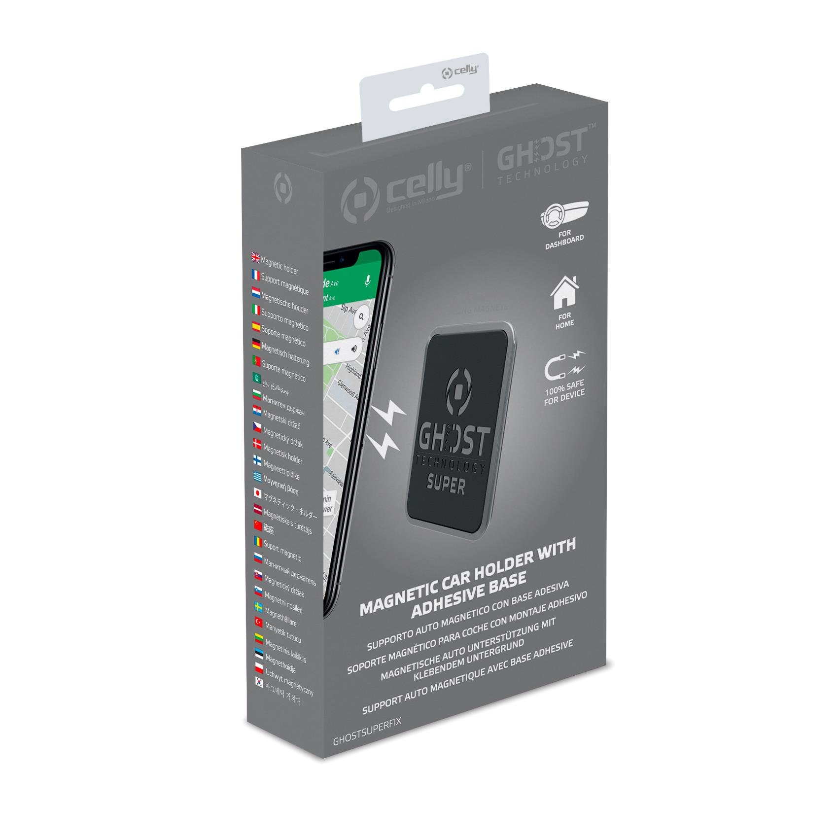 Verpackter Autotelefonhalter. Schwarzer Halter mit Logo, Telefonbildschirm sichtbar und mehrsprachigem Text.