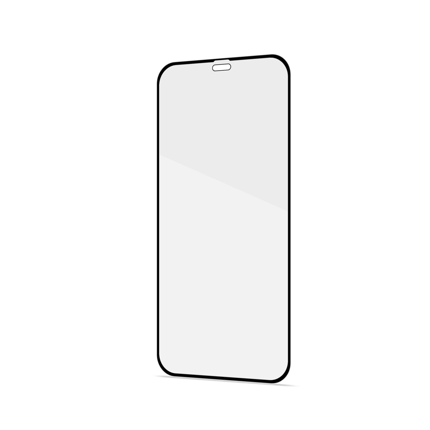Un proteggi schermo per telefono. È rettangolare con angoli arrotondati e bordo nero. Un piccolo ritaglio in alto.
