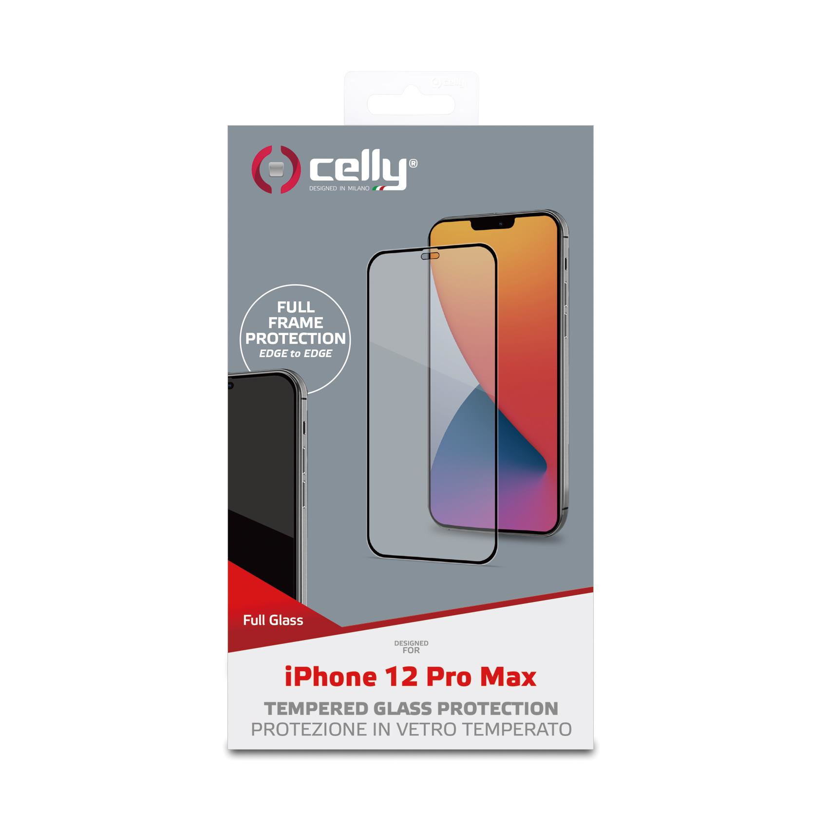 Confezione di un proteggi schermo con telefono e proteggi schermo. Il testo include iPhone 12 Pro Max.