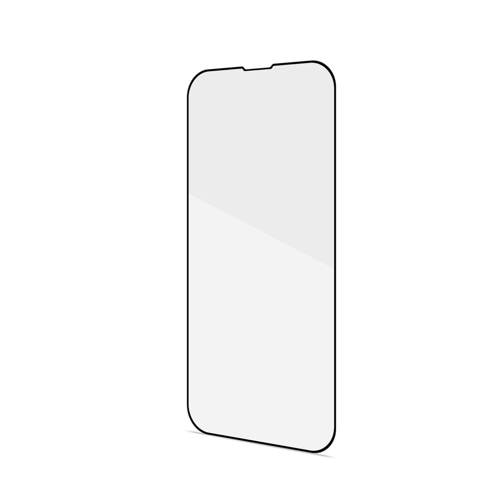 Un proteggi schermo per smartphone. Rettangolare con angoli arrotondati e bordo nero, sfondo bianco.