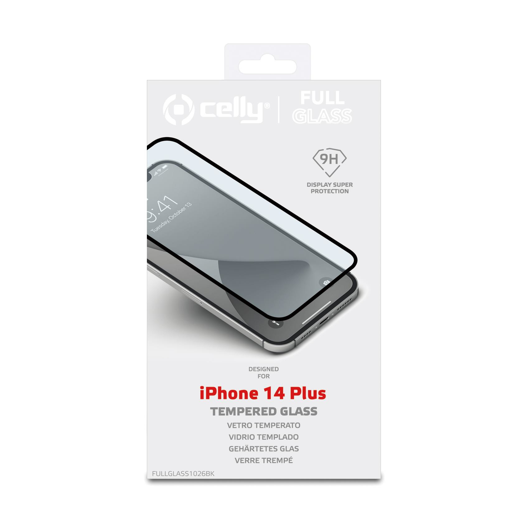 Una scatola di protezione dello schermo del telefono. Viene visualizzato un iPhone con la protezione. Il testo dice 'iPhone 14 Plus' e 'Tempered Glass'.