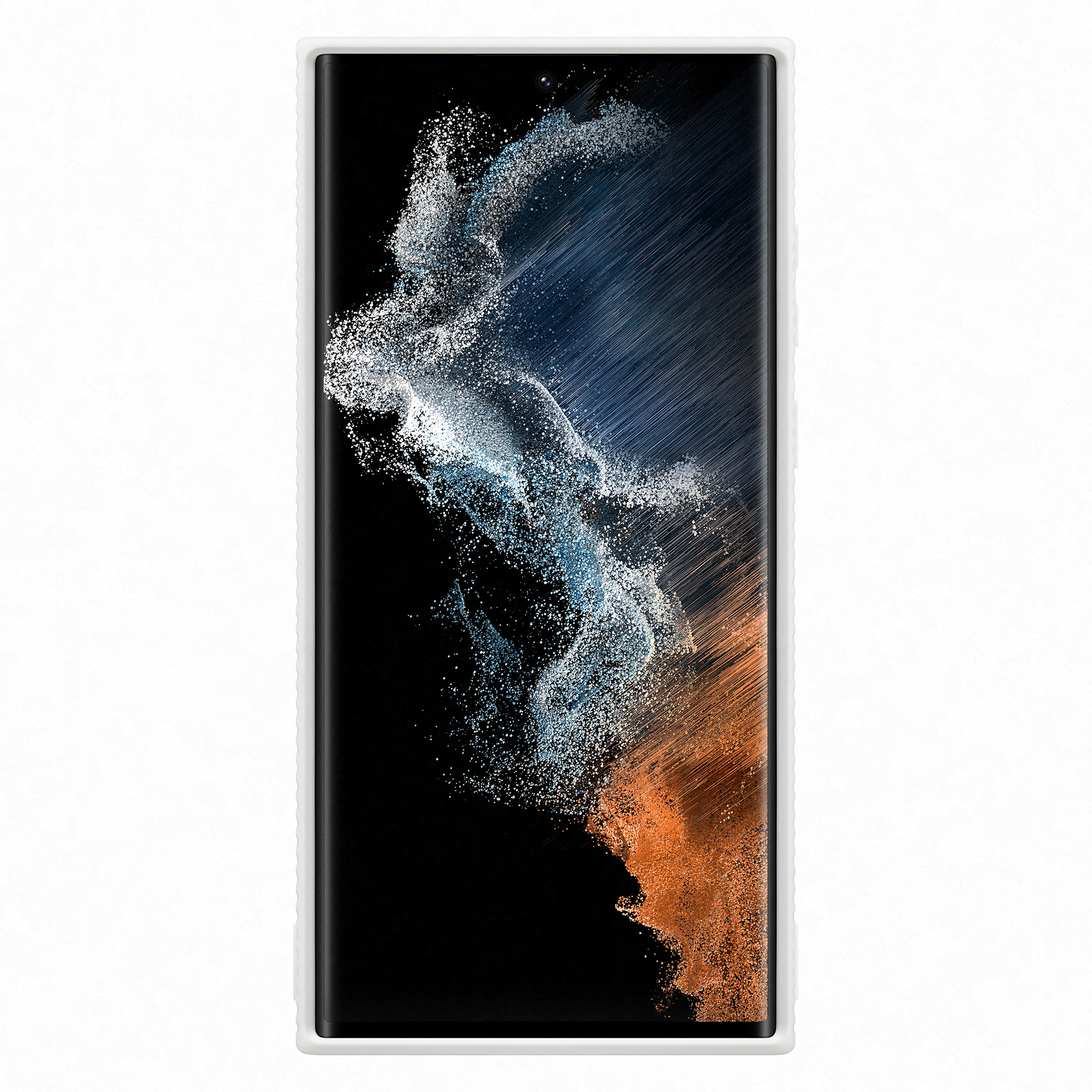 Un smartphone con pantalla negra que muestra un diseño abstracto de partículas azules, blancas y naranjas.