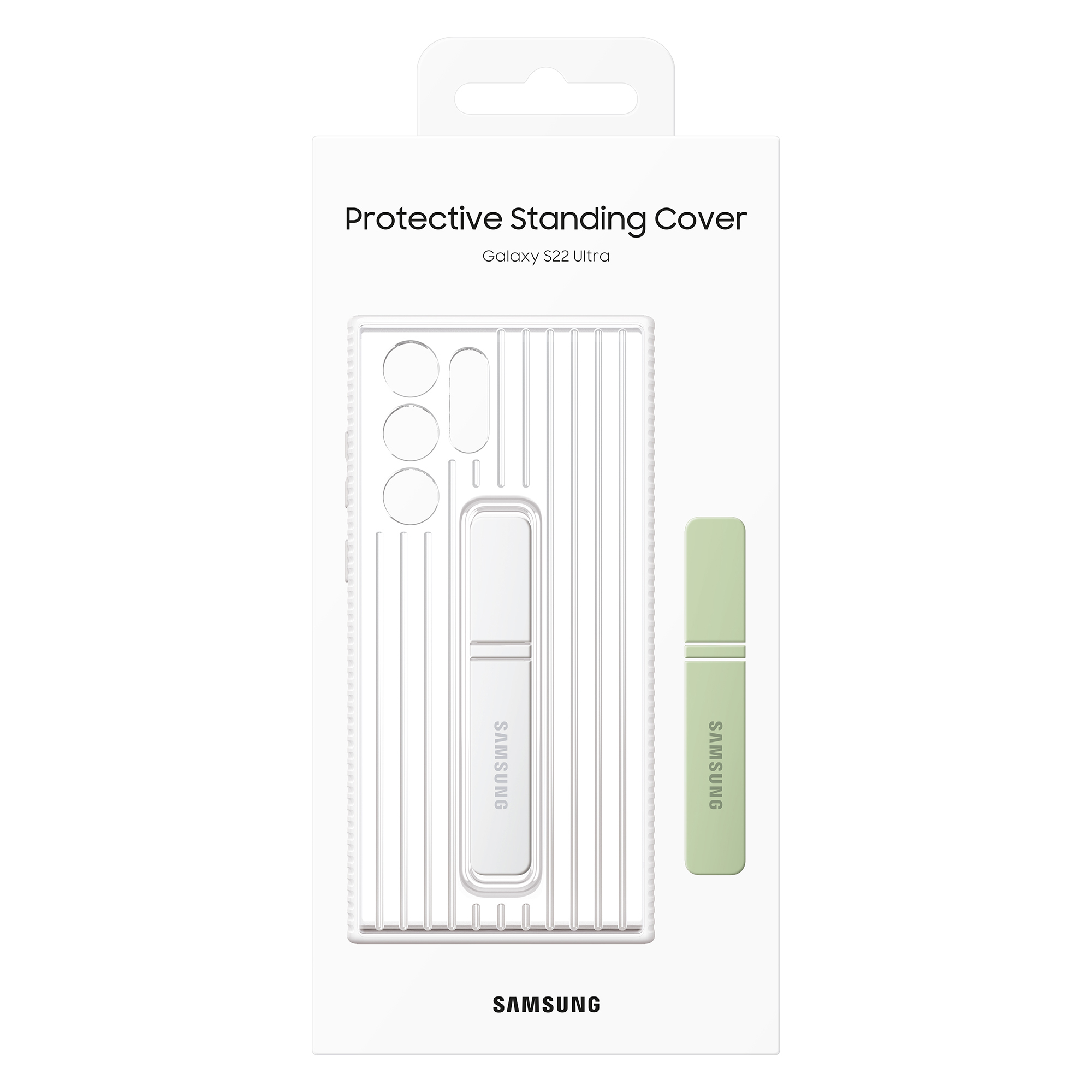 Funda protectora para Galaxy S22 Ultra. La funda y el soporte son verde claro. Fondo blanco.