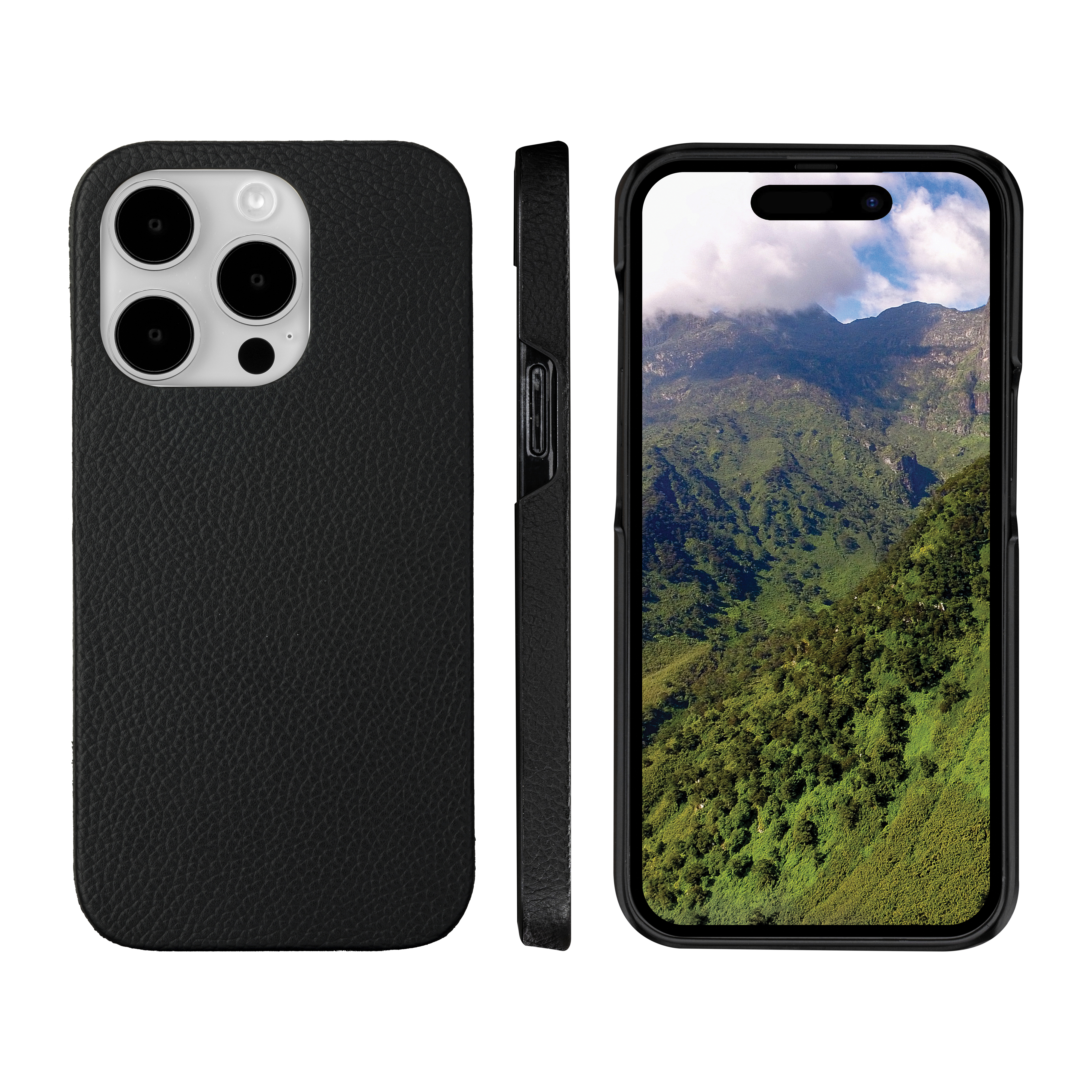 Eine schwarze Handyhülle und ein Handy. Der Bildschirm zeigt eine Berglandschaft mit grünen Bäumen.