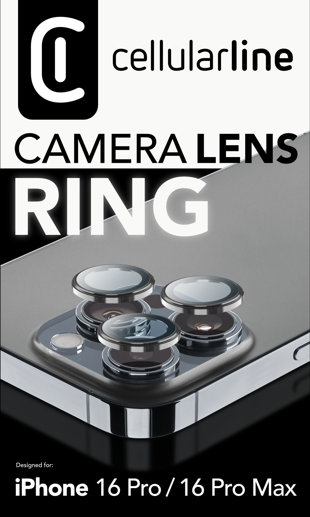 La imagen muestra un anillo de lente de cámara para iPhone. El fondo tiene el logotipo de la marca y texto. El producto es para iPhone 16 Pro/Pro Max.
