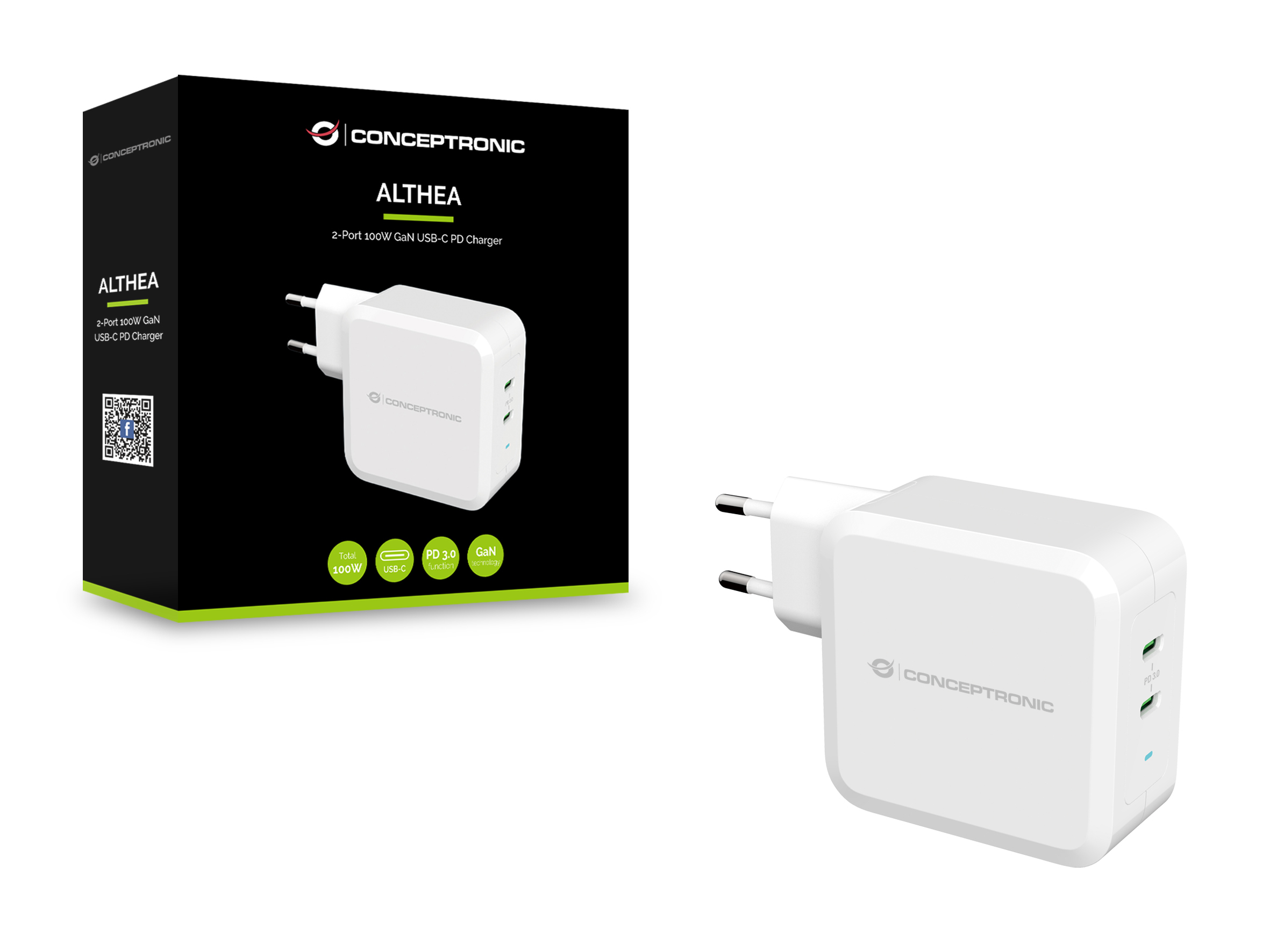 La imagen muestra un cargador Conceptronic blanco y su caja. El cargador se llama Althea, con USB-C y GaN.