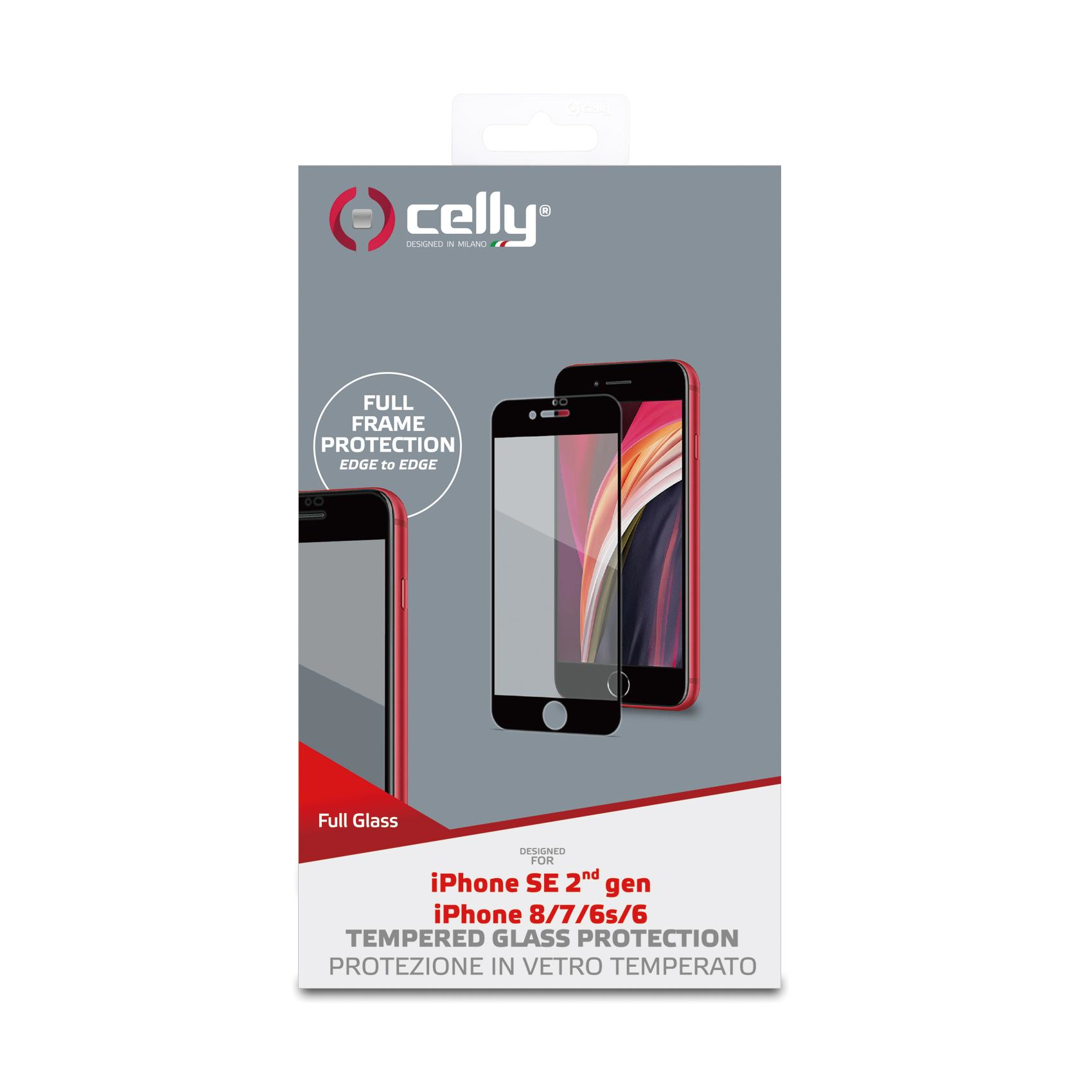 Confezione di protezione schermo con immagine del telefono, con testo come 'protezione completa' e 'vetro temperato'.