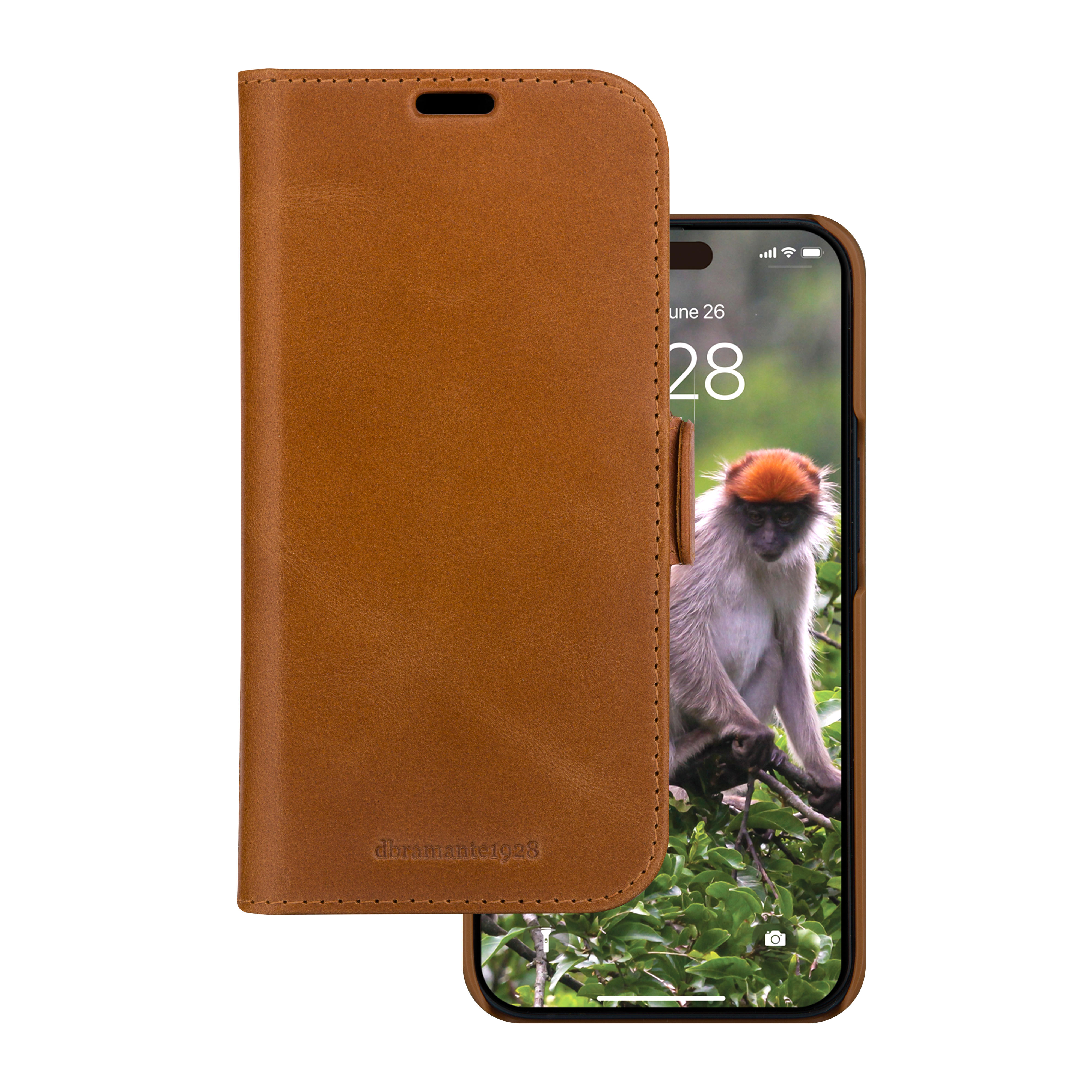 Eine braune Leder-Handyhülle ist geöffnet und zeigt ein Telefon mit einem Affen auf dem Bildschirm.