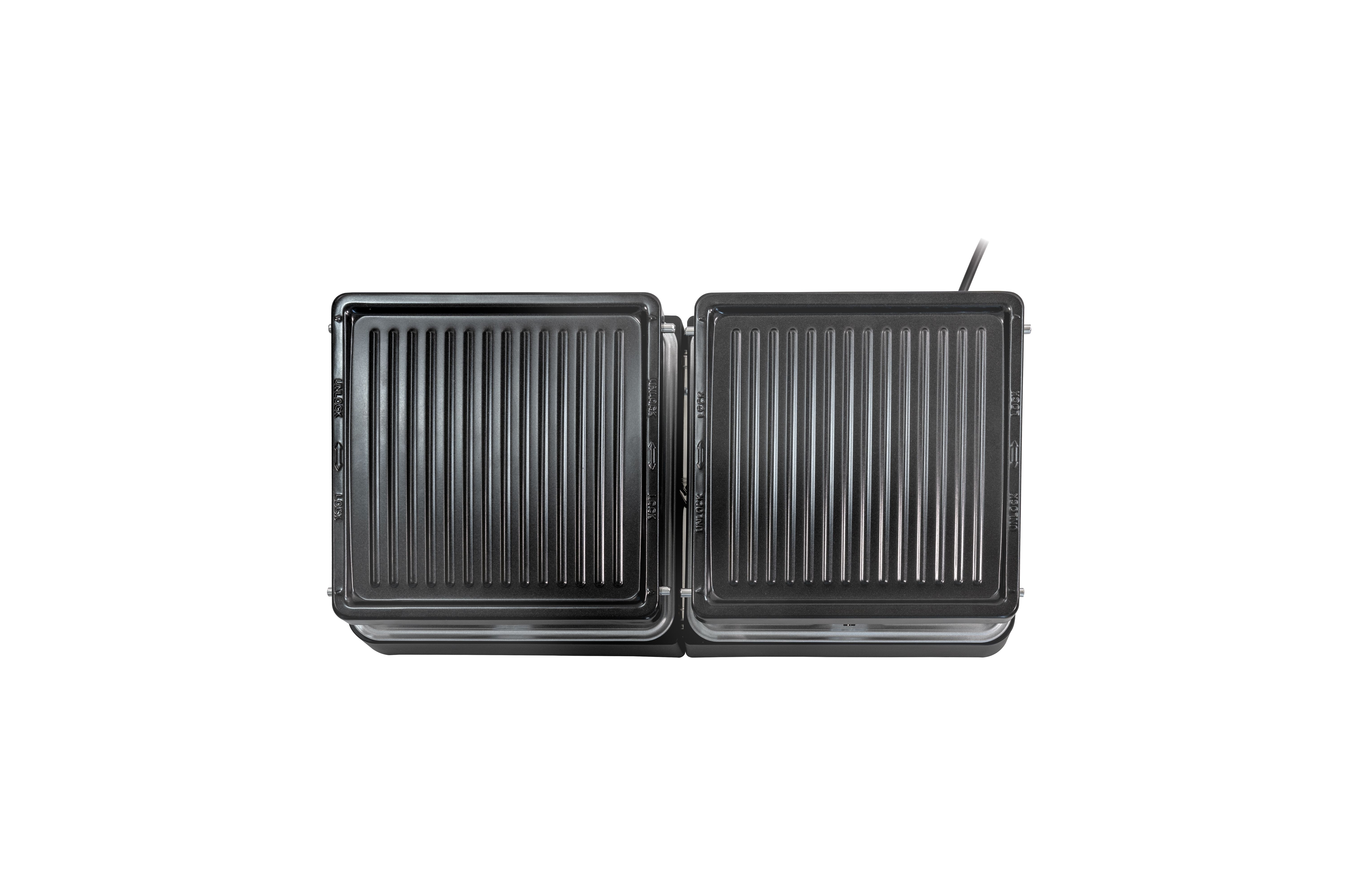 Widok z góry na czarną prasę do panini, otwartą. Prasa znajduje się na białym tle.