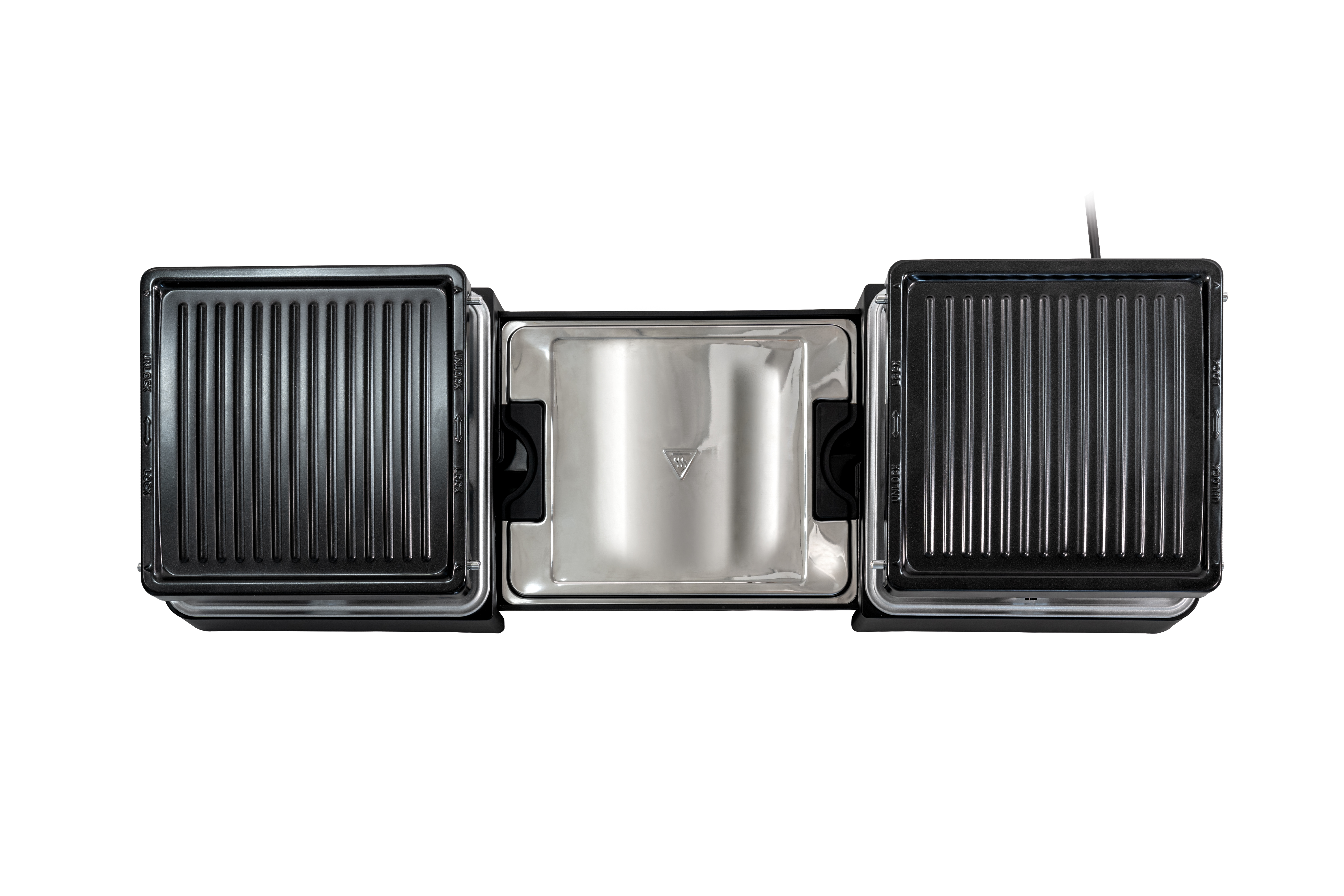 Zbliżenie czarnego grilla elektrycznego z trzema sekcjami. Środek jest srebrny. Wystaje przewód zasilający.