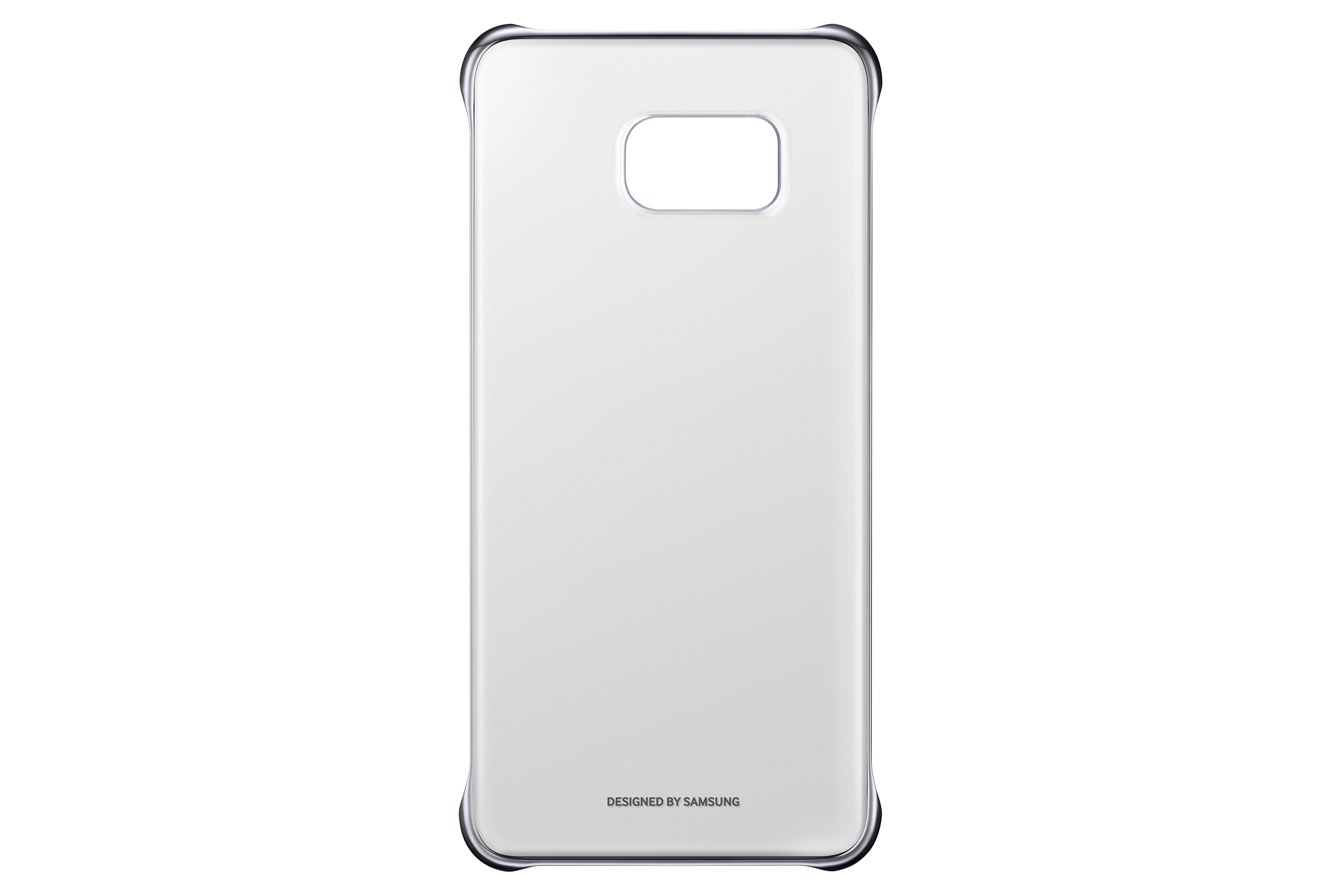 Una custodia trasparente con bordi neri, un ritaglio per la fotocamera e la scritta 'DESIGNED BY SAMSUNG'.