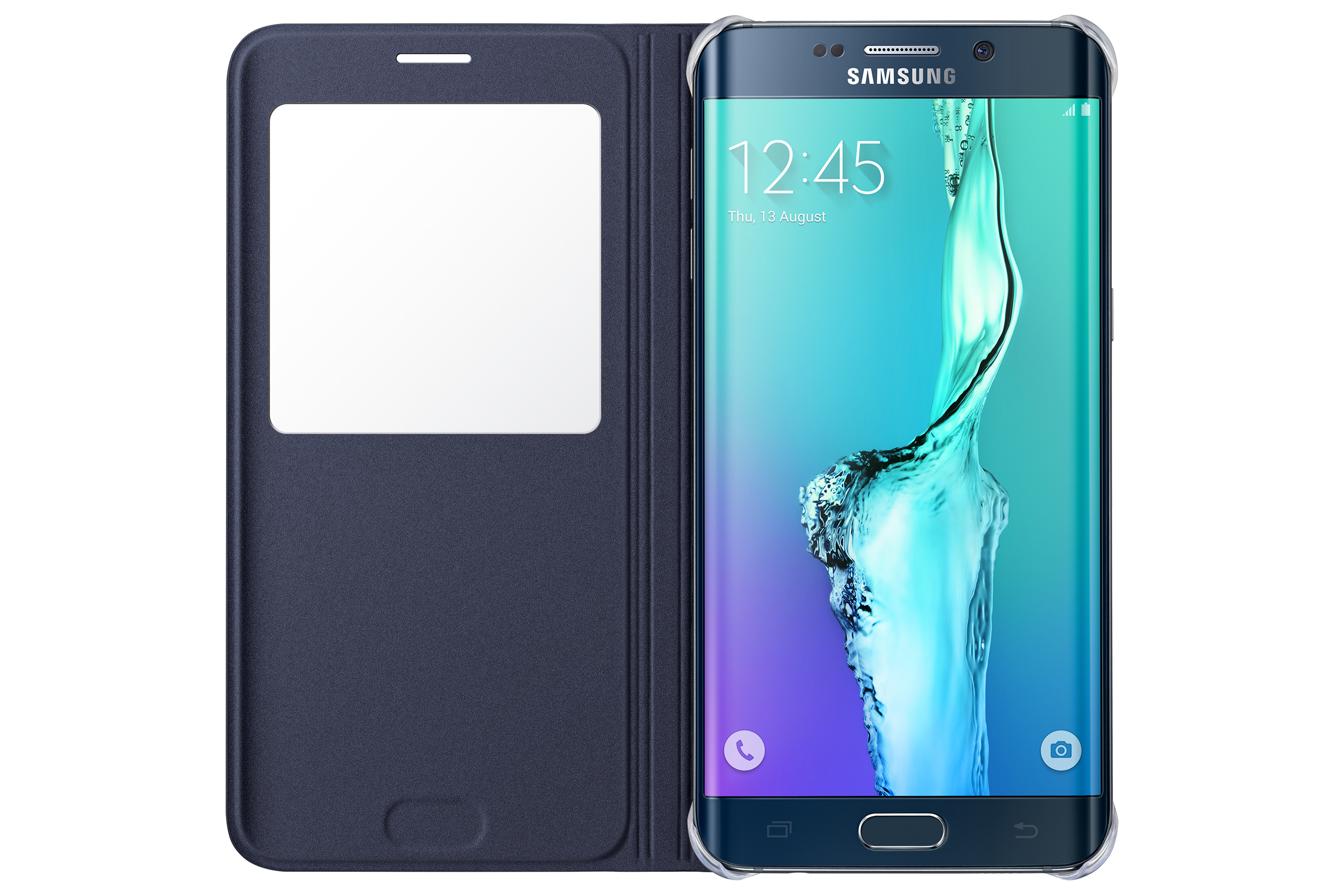 Un telefono Samsung in una custodia blu scuro, che mostra l'ora. La custodia è aperta, rivelando lo schermo del telefono.