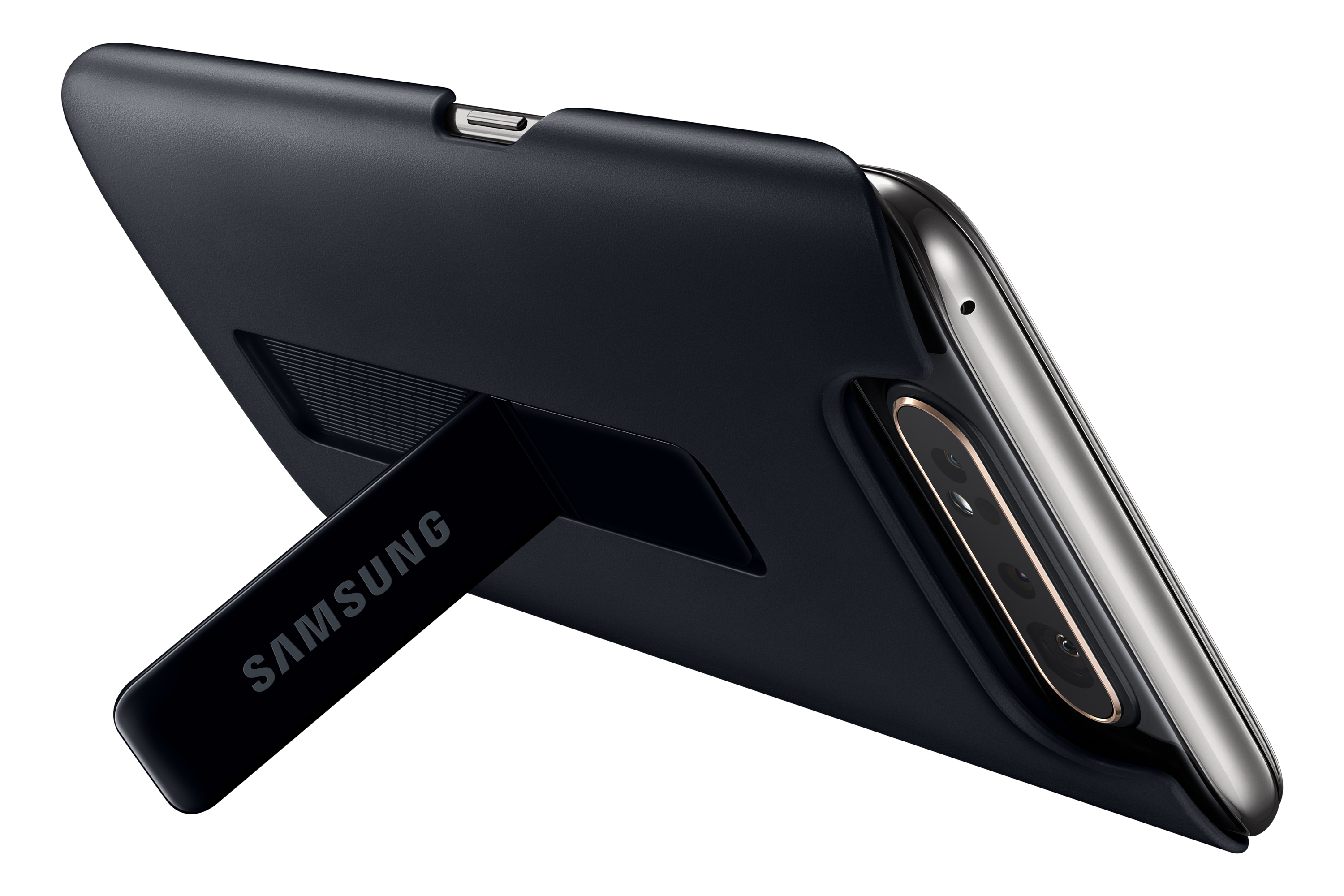 Custodia nera per telefono con supporto. Il logo Samsung è visibile. La fotocamera del telefono è visibile.