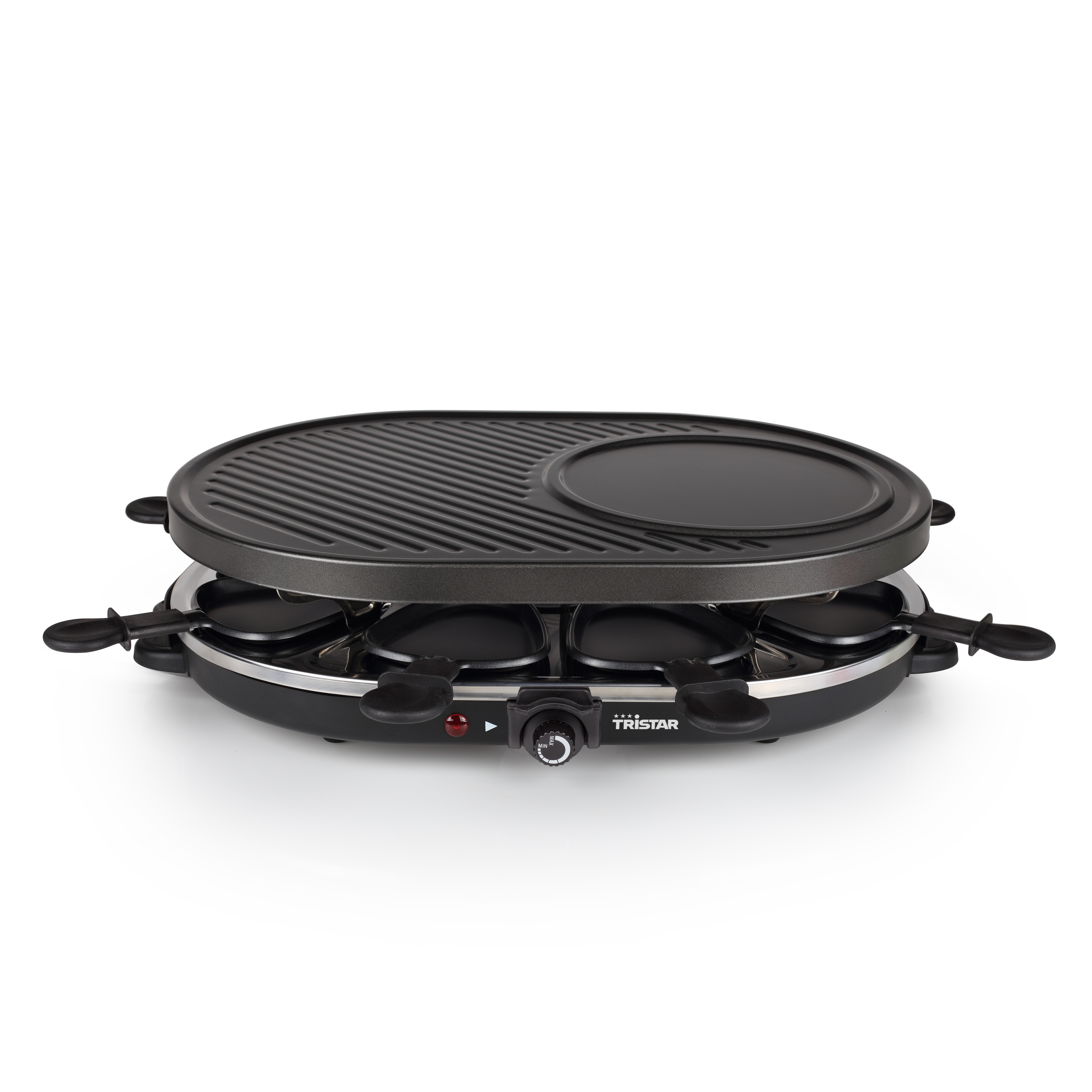 Schwarzer Raclette-Grill mit Grillfläche oben und kleinen Pfannen unten. Ein Knopf und Kontrollleuchten sind sichtbar.