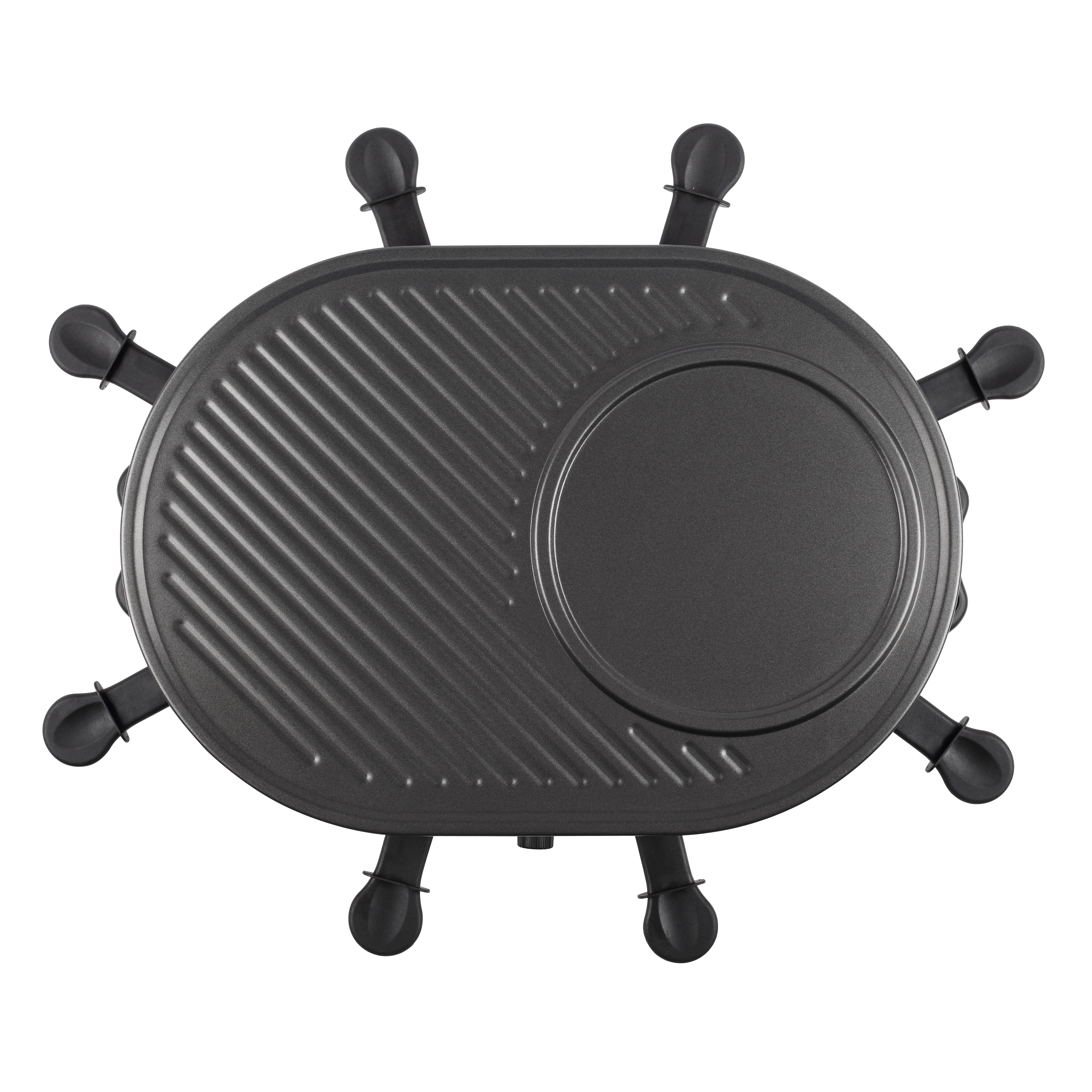 Draufsicht auf einen dunkelgrauen Raclette-Grill. Er hat eine ovale Form, schwarze Griffe und eine kreisförmige Heizfläche.