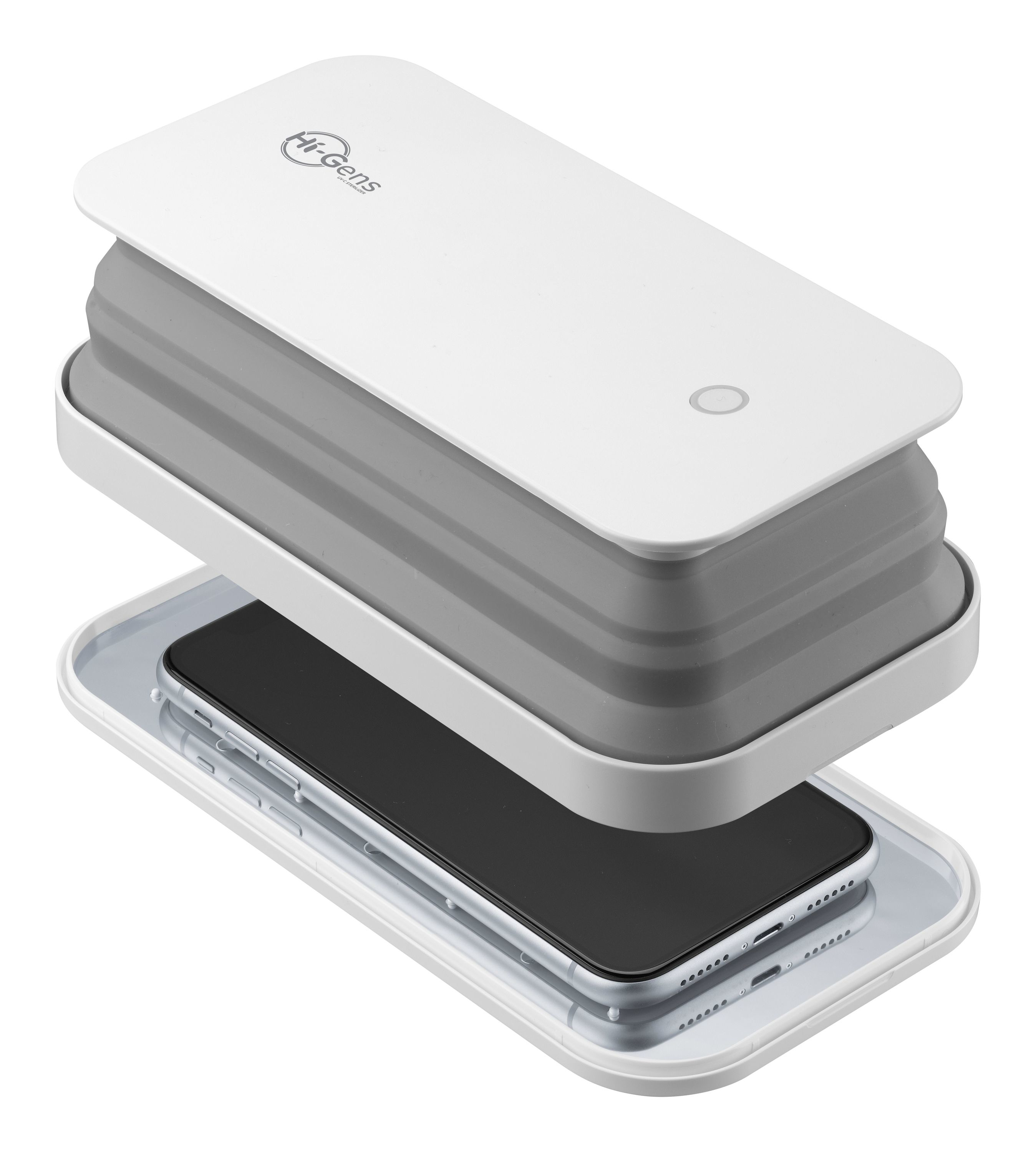Uno sterilizzatore bianco e grigio con un telefono all'interno. La parte superiore è aperta. Il logo del marchio è visibile.